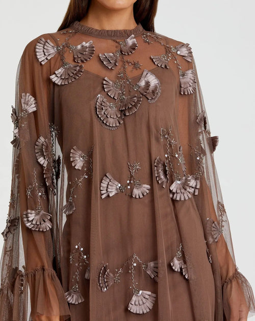 Brown Embellished Long Flare Sleeve Mesh A-Line Dress - Mac Duggal