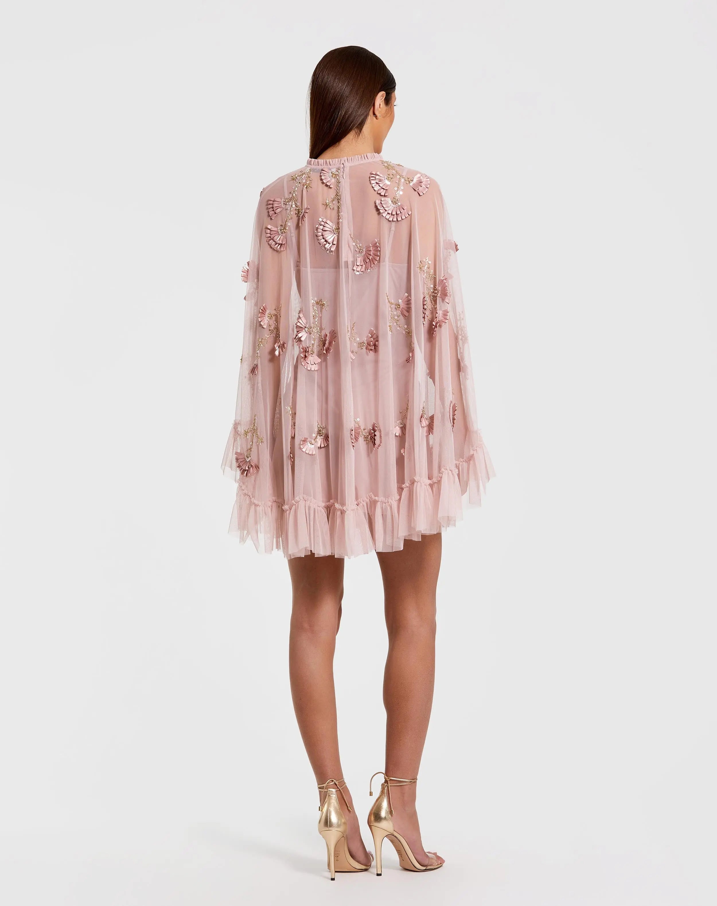 Pink Embellished Long Sleeve Trapeze Dress with Ruffle Hem - Mac Duggal 