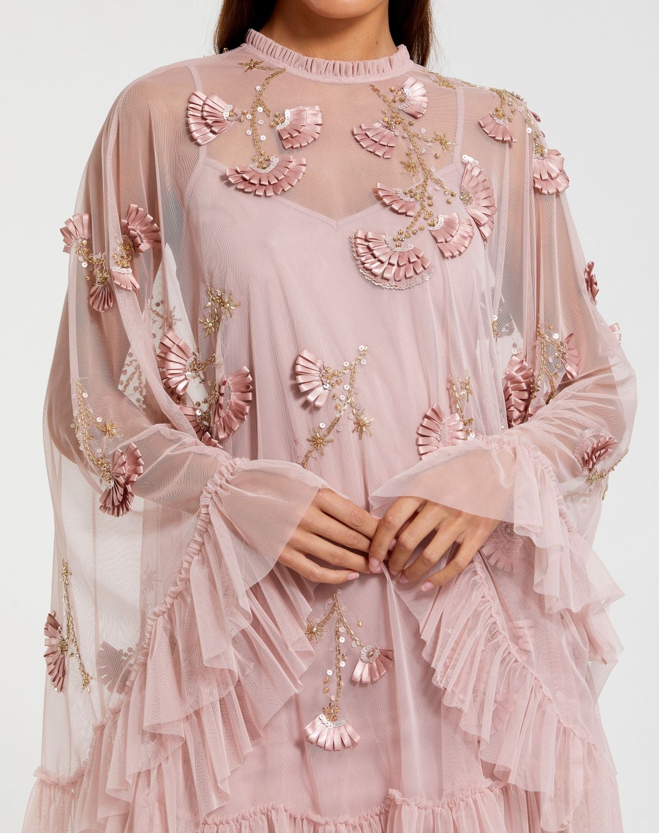 Pink Embellished Long Sleeve Trapeze Dress with Ruffle Hem - Mac Duggal 