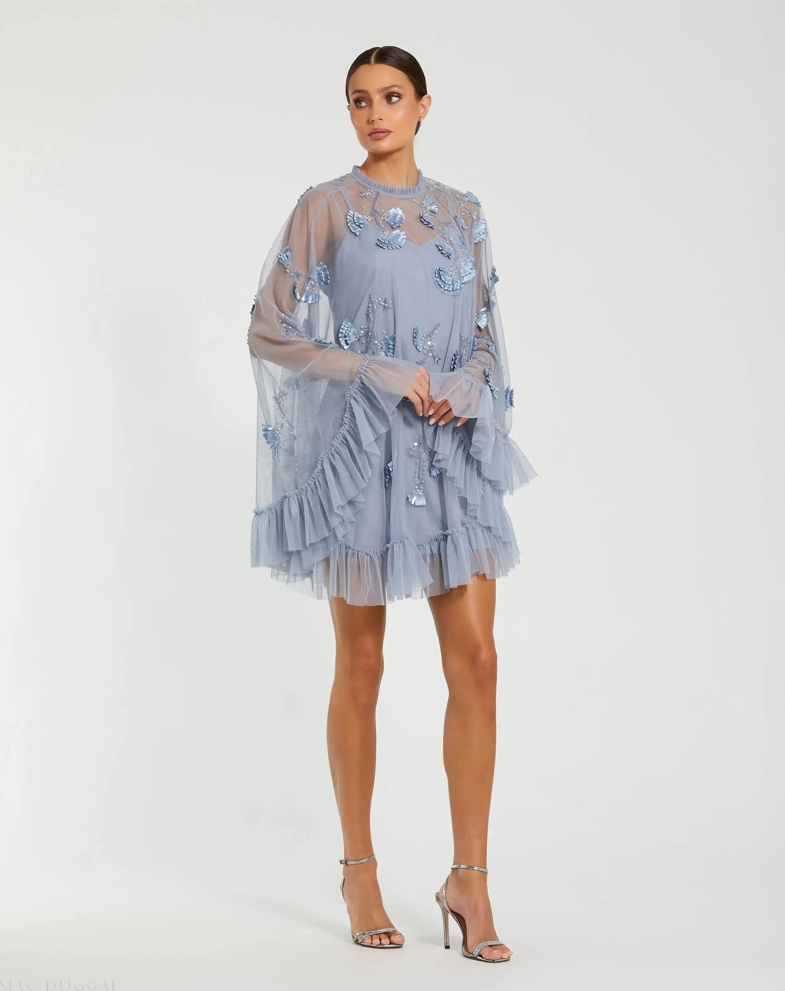 Blue Embellished Long Flare Sleeve Mesh Trapeze Dress - Mac Duggal