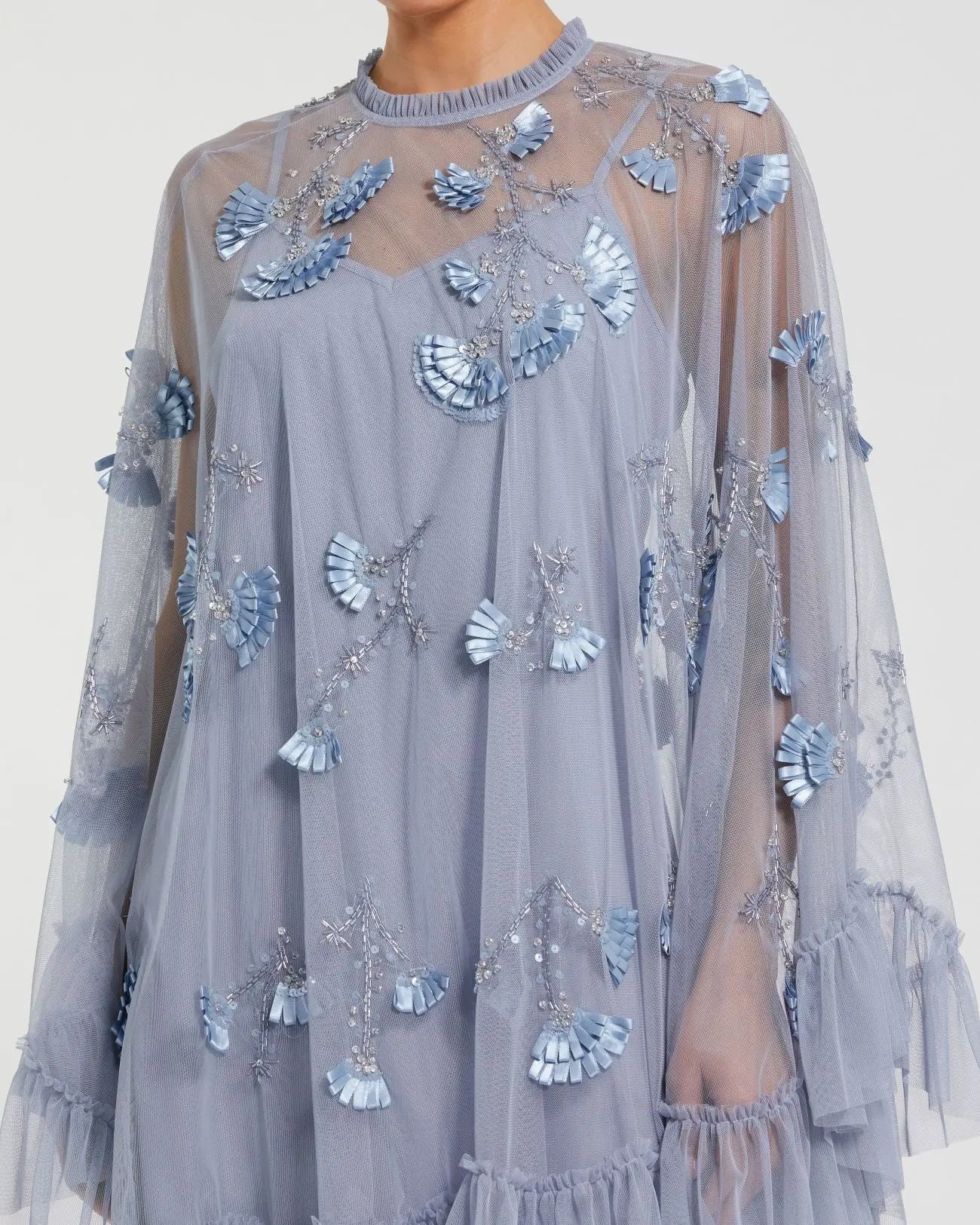 Mac Duggal Women's Embellished Long Flare Sleeve Mesh A-Line Dress - Blue - Size 8 - Powder Blue Mac Duggal Women's Embellished Long Flare Sleeve Mesh A-Line Dress - Blue - Size 8 - Powder Blue