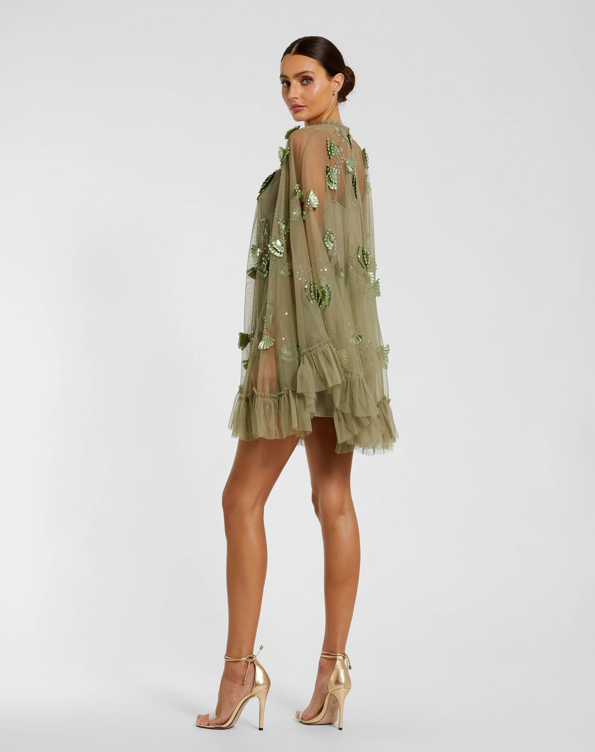 Green Embellished Long Sleeve Trapeze Dress with Ruffle Hem Mac Duggal