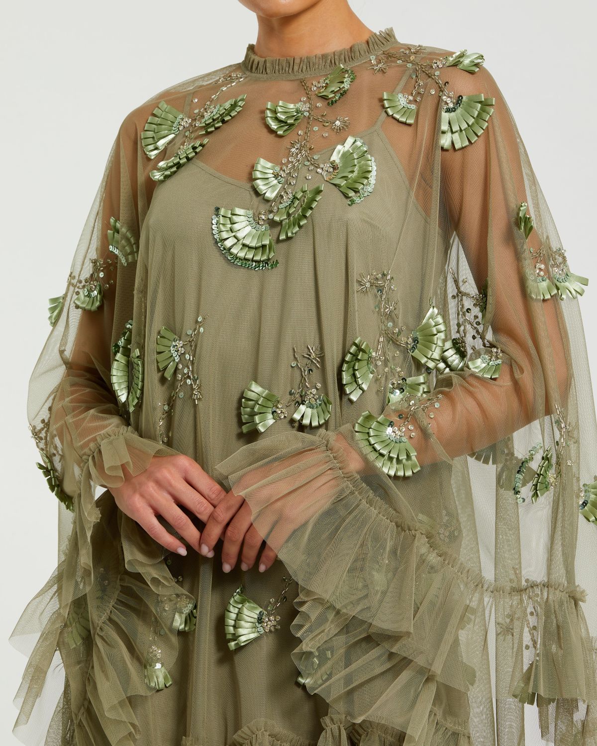 Green Embellished Long Sleeve Trapeze Dress with Ruffle Hem Mac Duggal