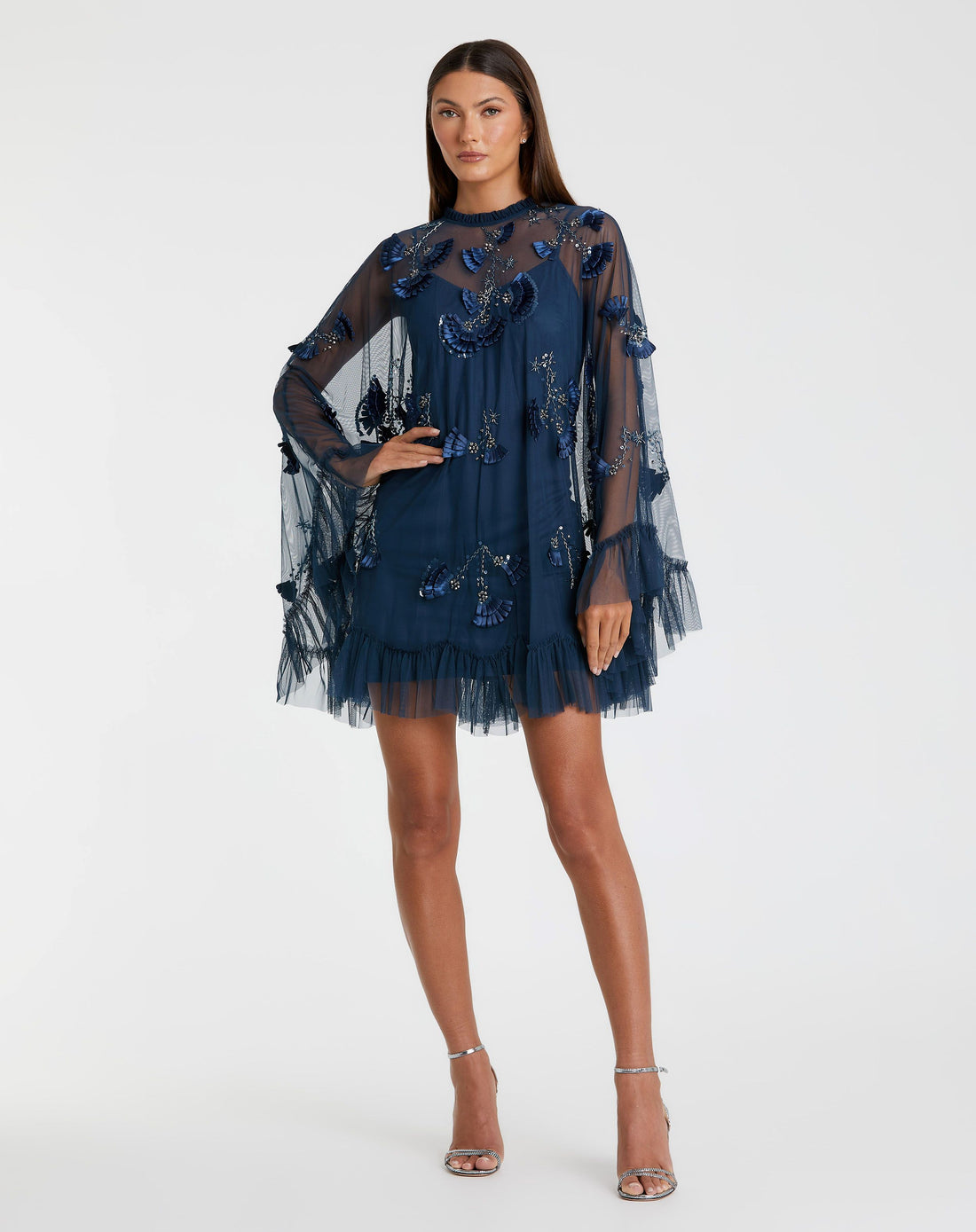 Embellished Long Flare Sleeve Mesh A-Line Dress