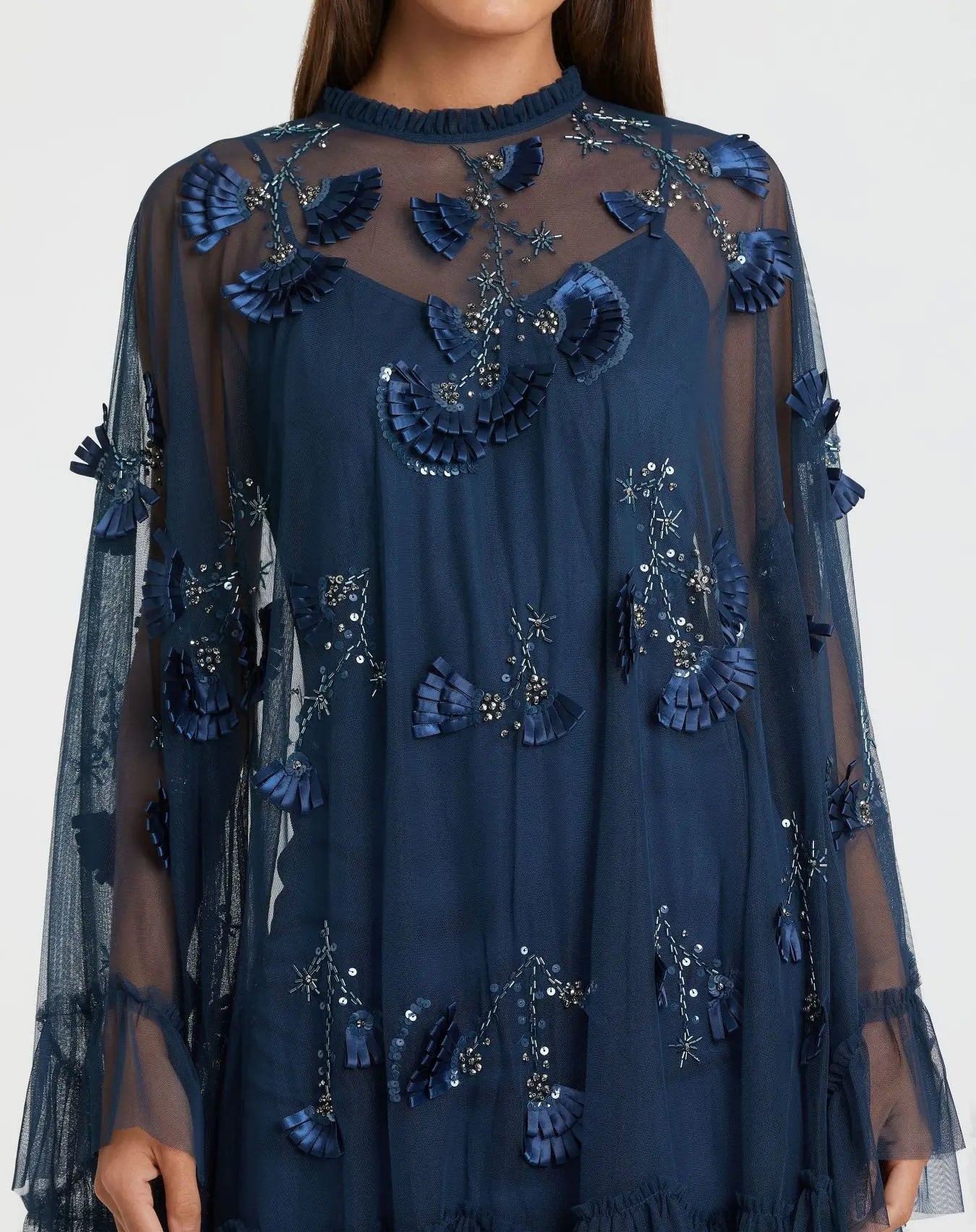 Navy Embellished Long Flare Sleeve Mesh A-Line Dress - Mac Duggal