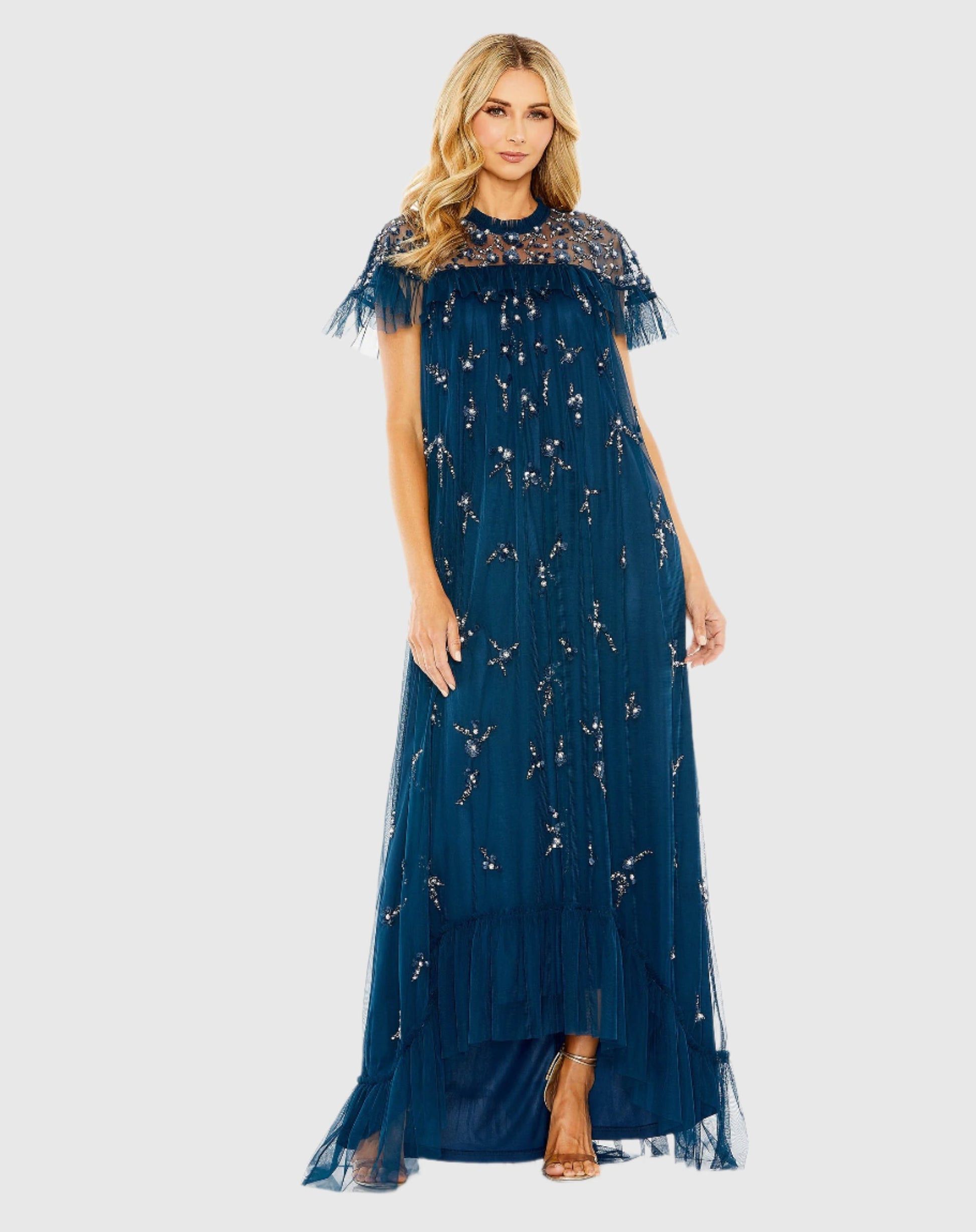 High Neck Embellished Flutter Sleeve Tiered Gown