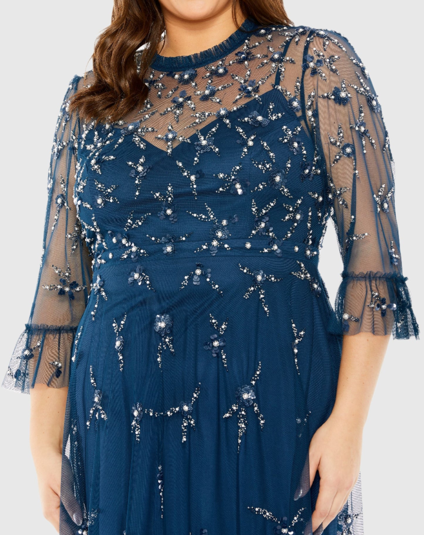 High Neck Embellished Flutter Half Length Sleeve Dress