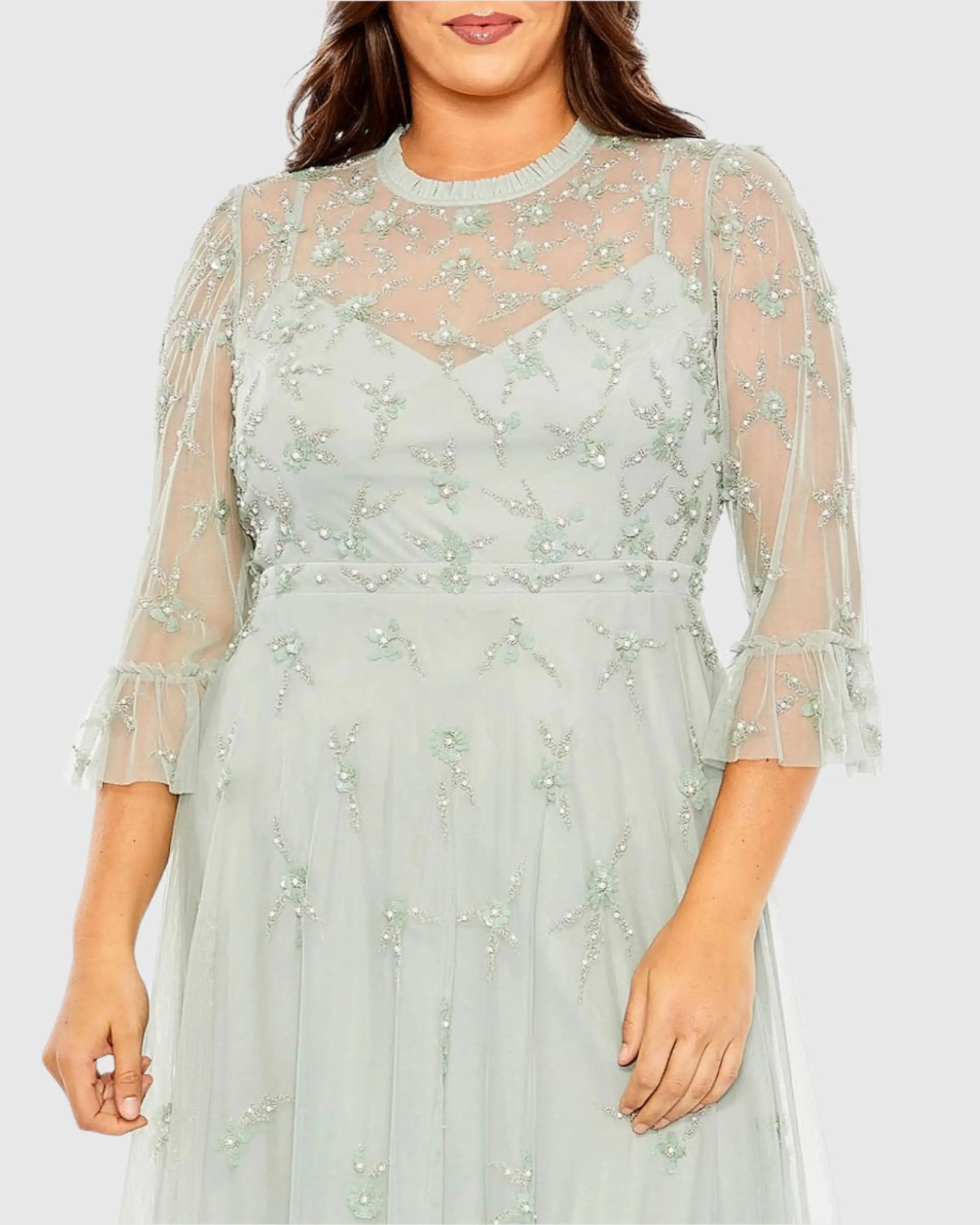 Mac Duggal Plus Flutter Sleeve Embellished High Neck Dress - Sage Mac Duggal Plus Flutter Sleeve Embellished High Neck Dress - Sage