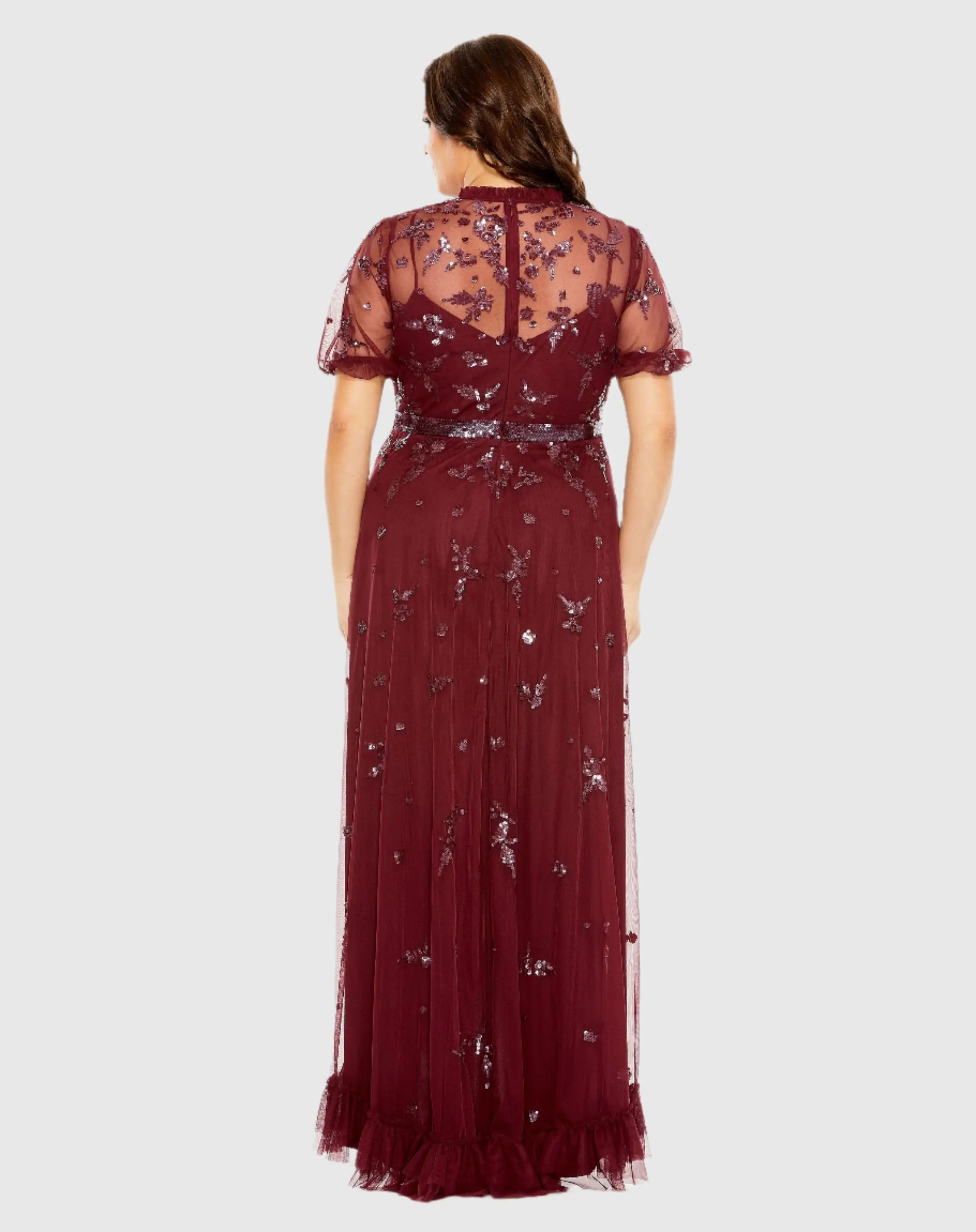 High Neck Puff Short Sleeve Embellished Faux Wrap Gown - Mac Duggal