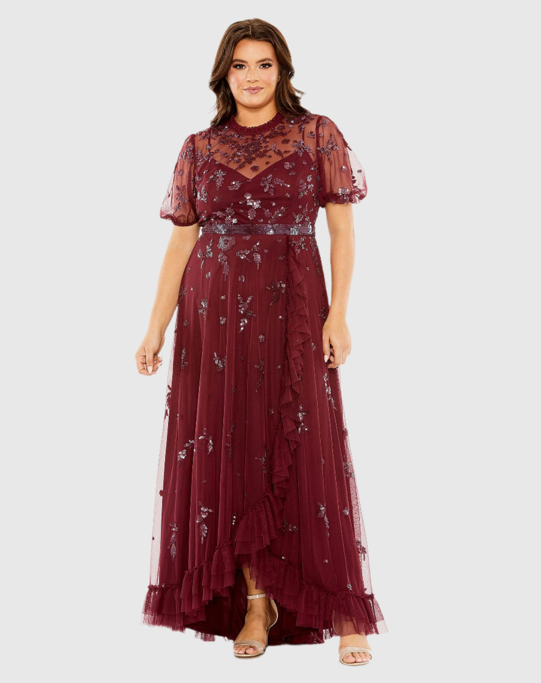 High Neck Puff Short Sleeve Embellished Faux Wrap Gown