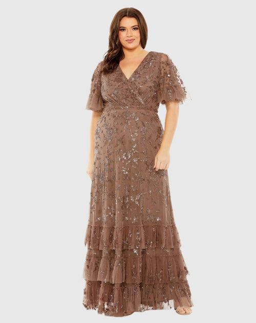 Sequin Embellished Flutter Sleeve Faux Wrap V-Neck Tiered Gown