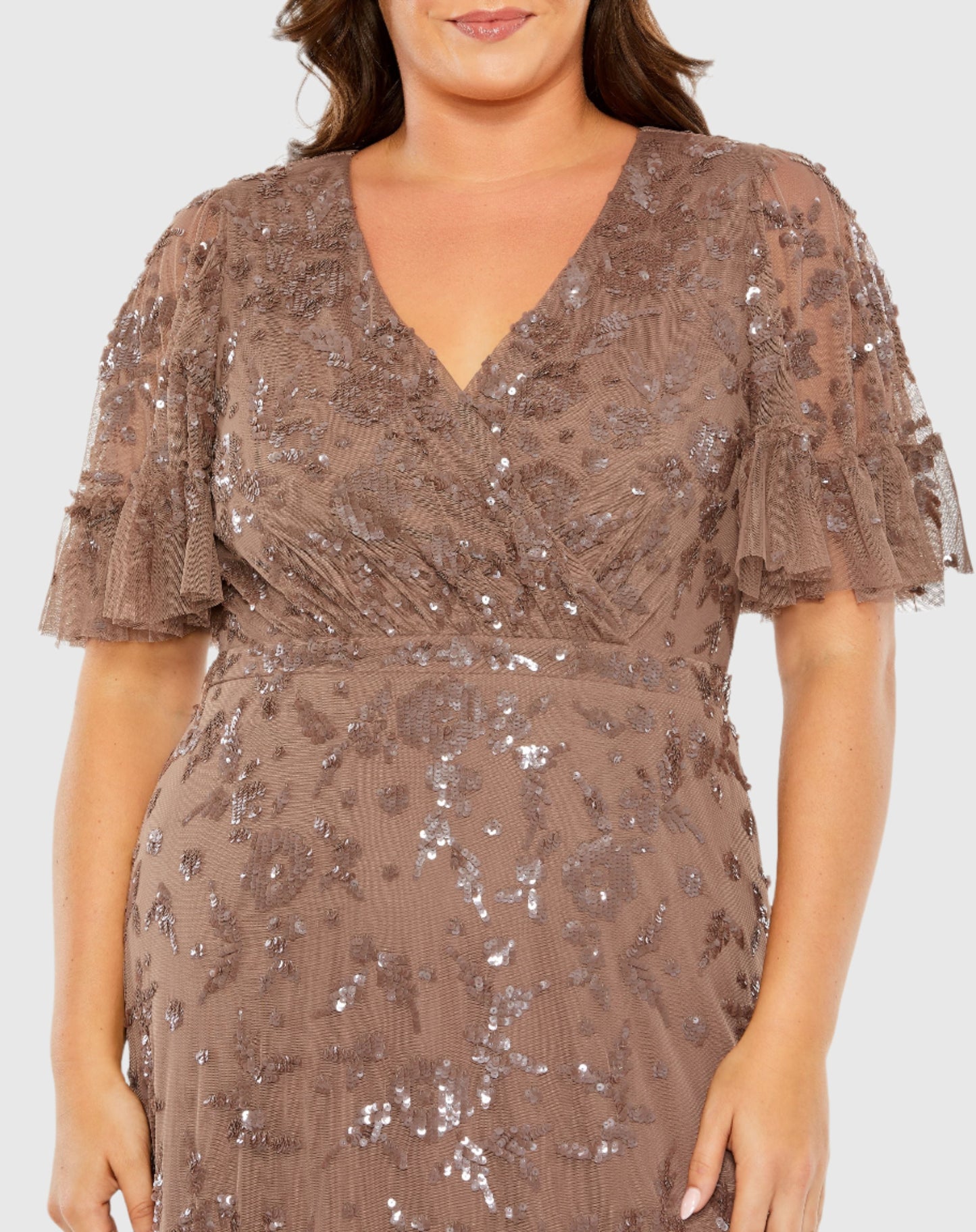 Sequin Embellished Flutter Sleeve Faux Wrap V-Neck Tiered Gown