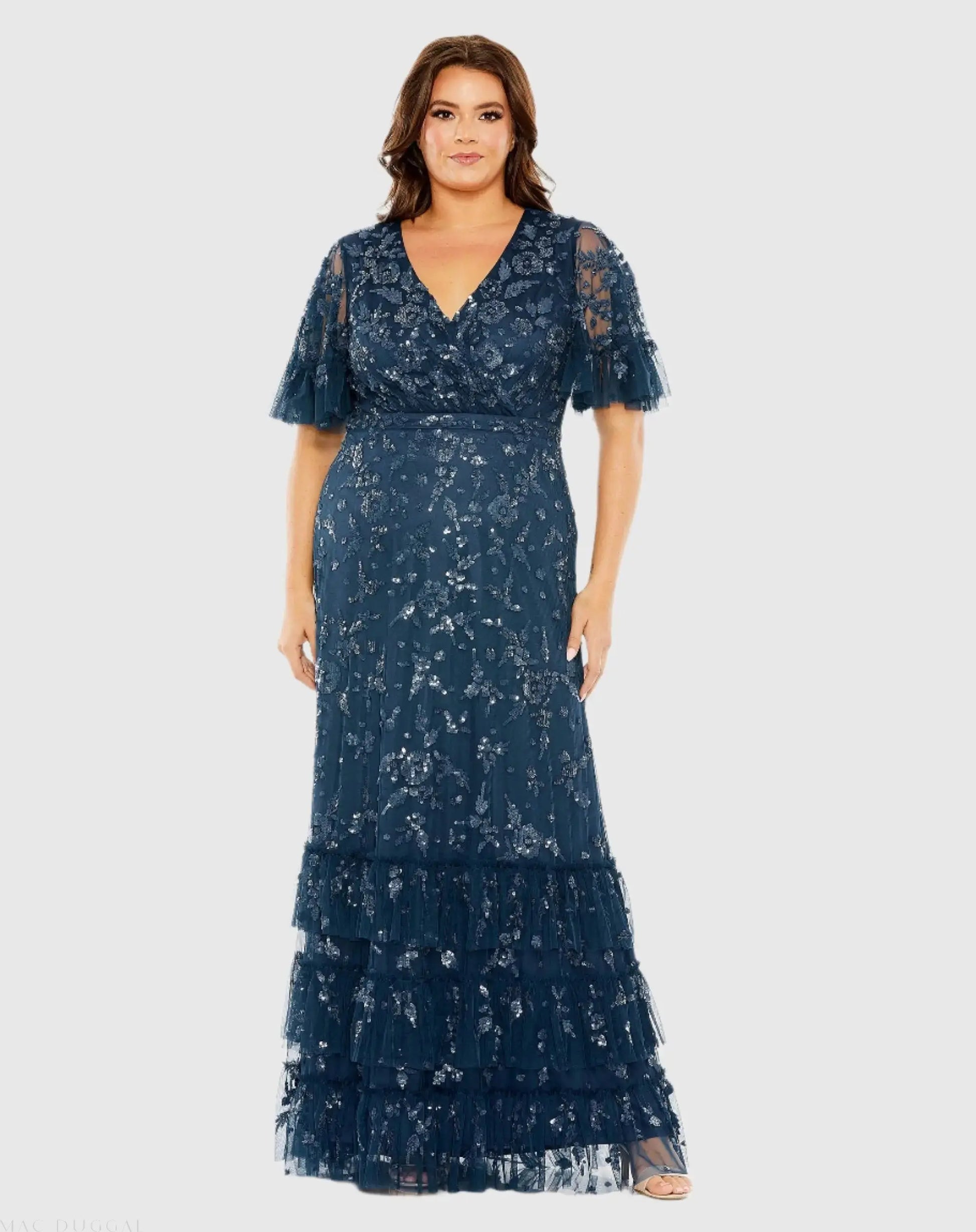 Navy Sequin Embellished Flutter Sleeve Faux Wrap V-Neck Tiered Gown - Mac Duggal