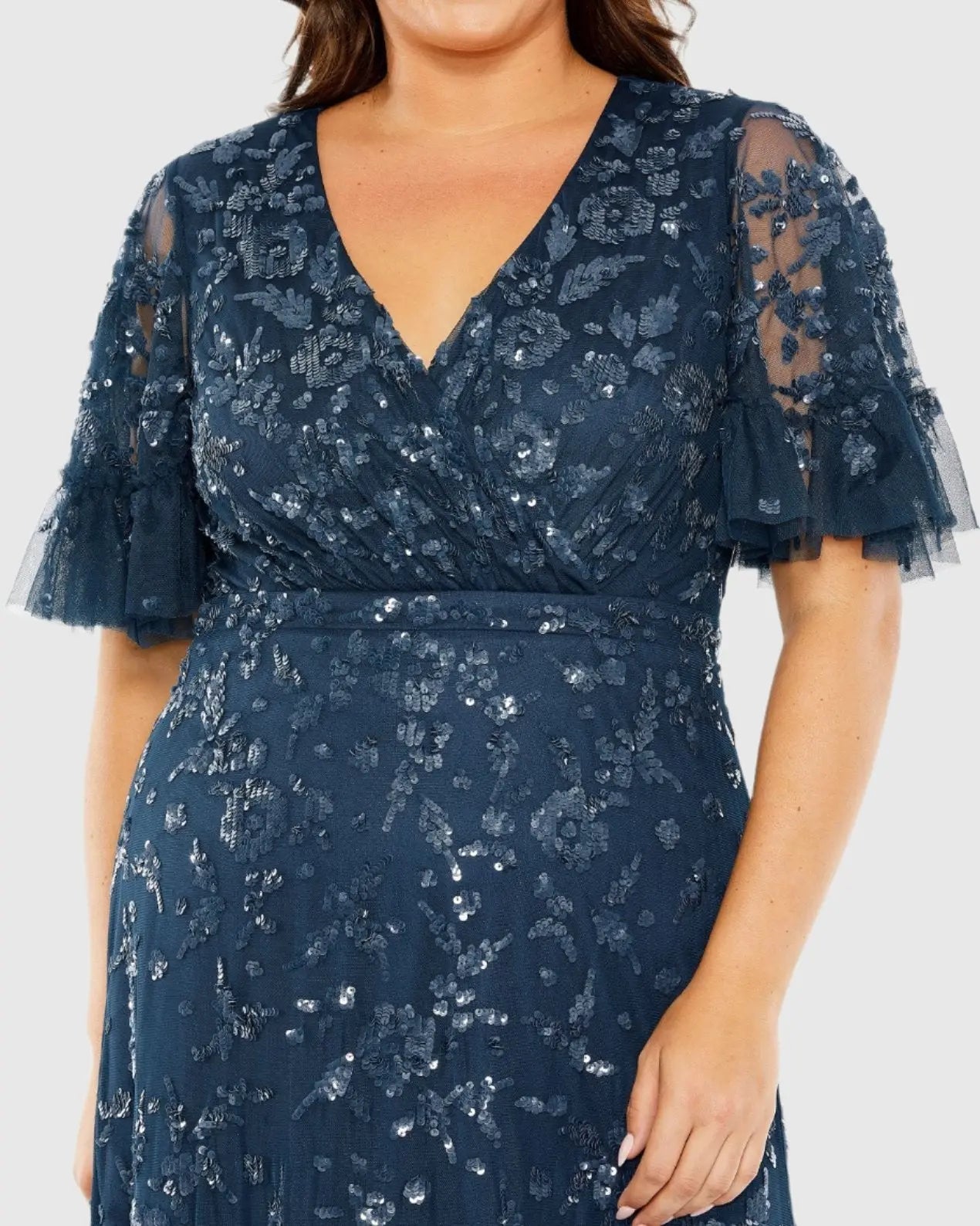 Navy Sequin Embellished Flutter Sleeve Faux Wrap V-Neck Tiered Gown - Mac Duggal