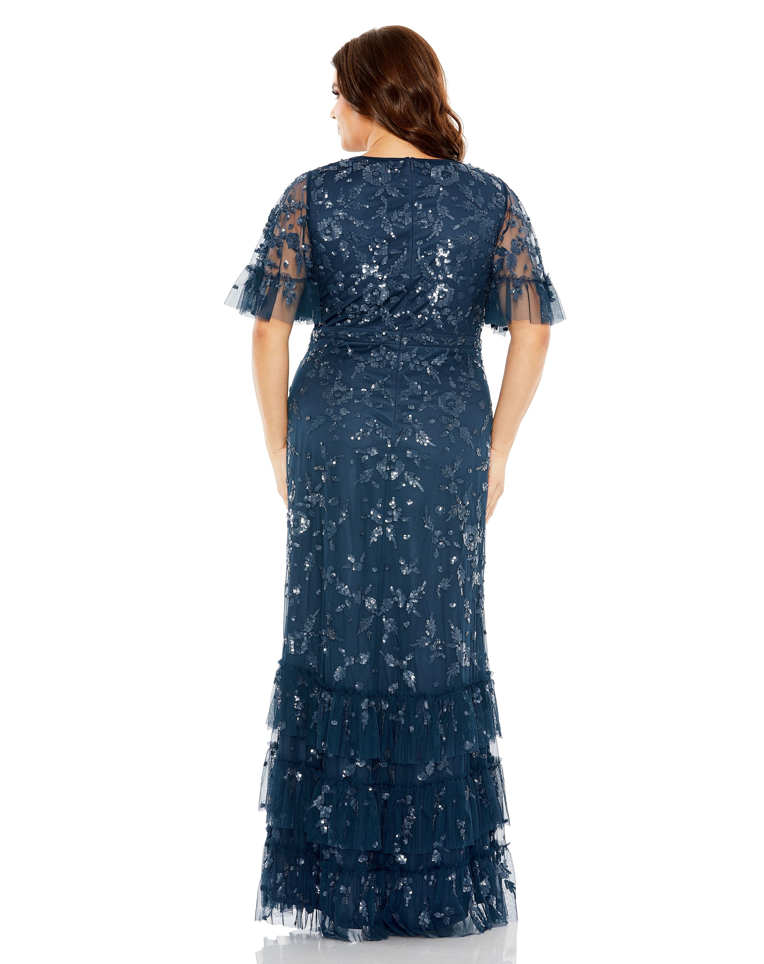 Sequin Embellished Flutter Sleeve Faux Wrap V-Neck Tiered Gown