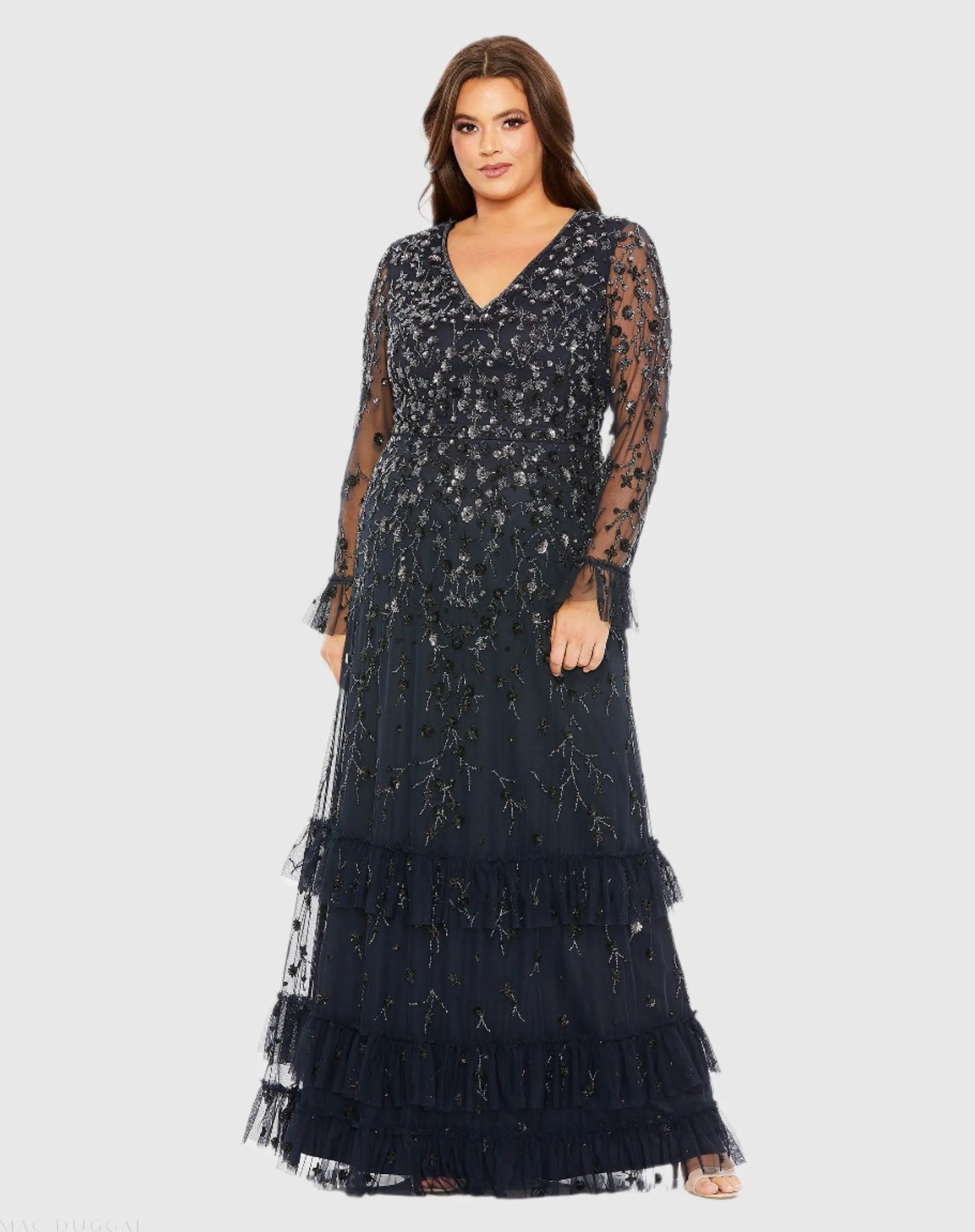 Navy V-Neck Embellished Long Flutter Sleeve Gown - Mac Duggal