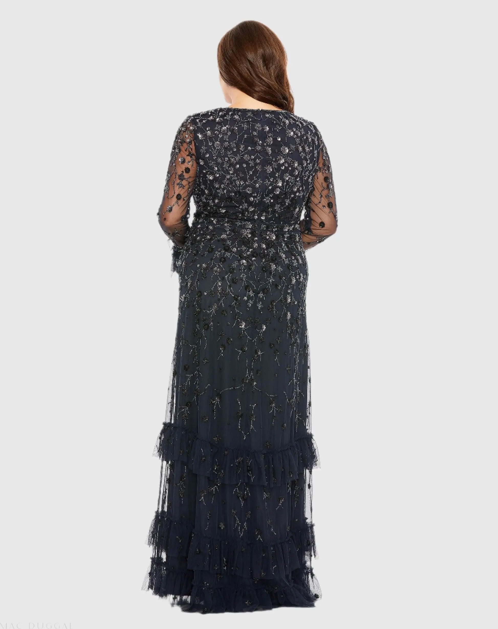 Navy V-Neck Embellished Long Flutter Sleeve Gown - Mac Duggal