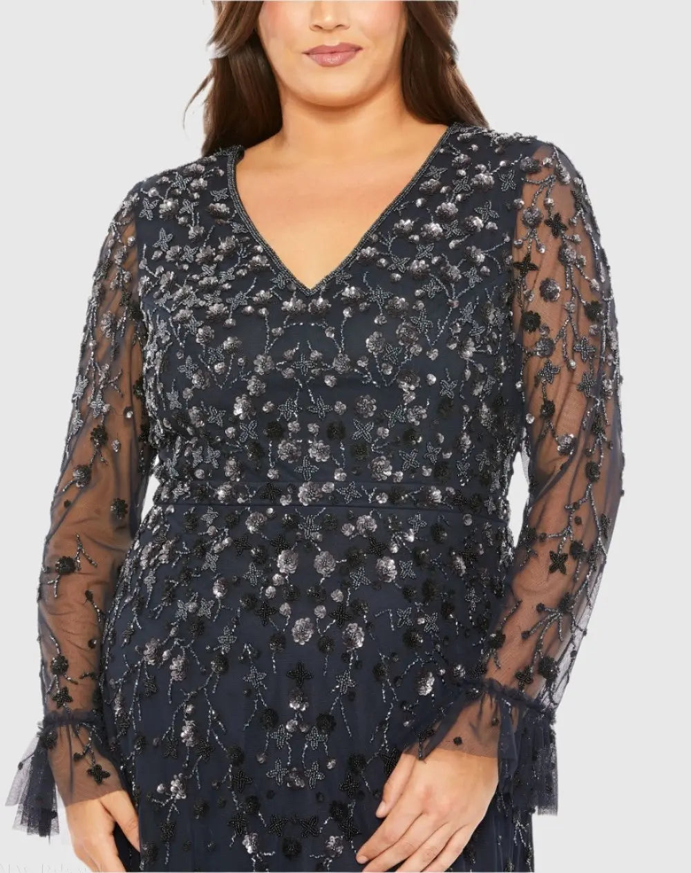 Navy V-Neck Embellished Long Flutter Sleeve Gown - Mac Duggal