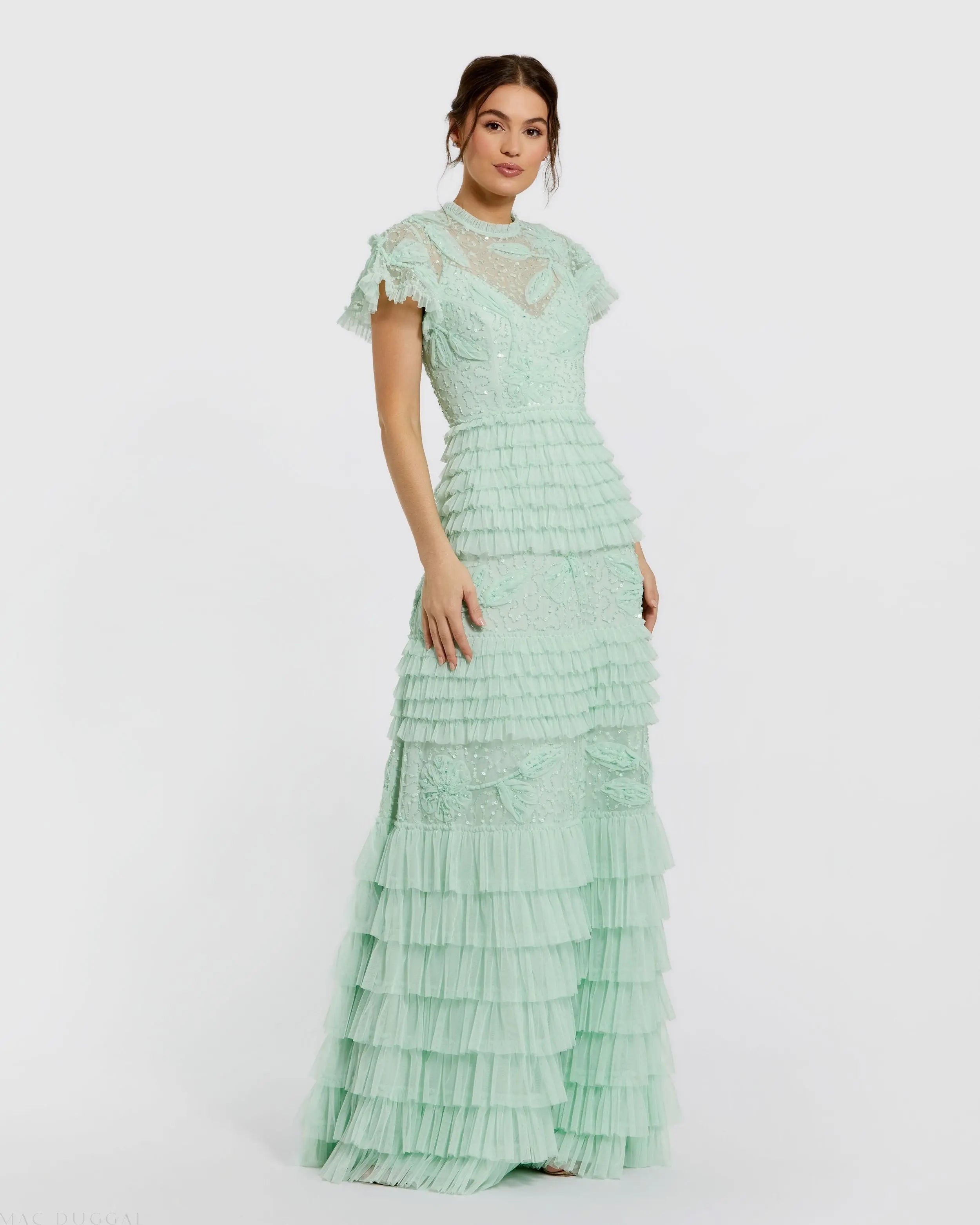 Green Beaded Mesh High Neck Micro Ruffle Gown Mac Duggal