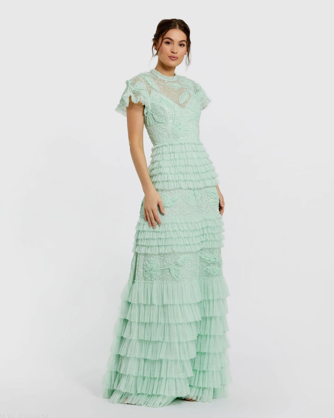 Green Beaded Mesh High Neck Micro Ruffle Gown - Mac Duggal Green Beaded Mesh High Neck Micro Ruffle Gown - Mac Duggal