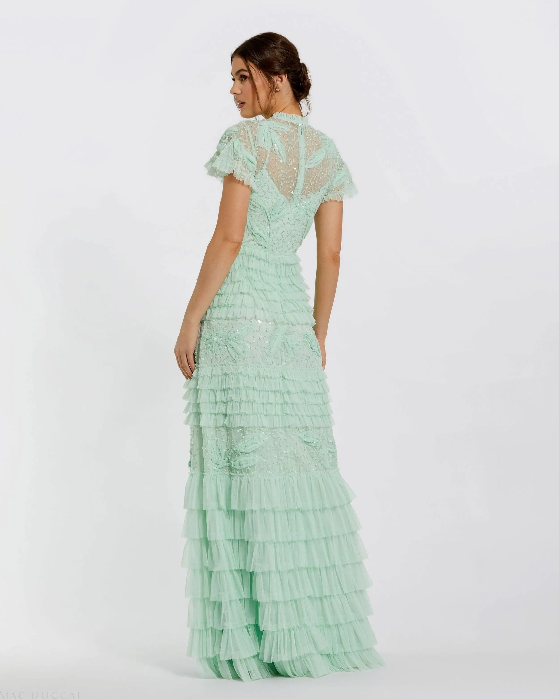 gliget ruffle trim a line maxi dress Plunging Neck Backless Ruffle Trim Mesh A Line Dress Purple / XL