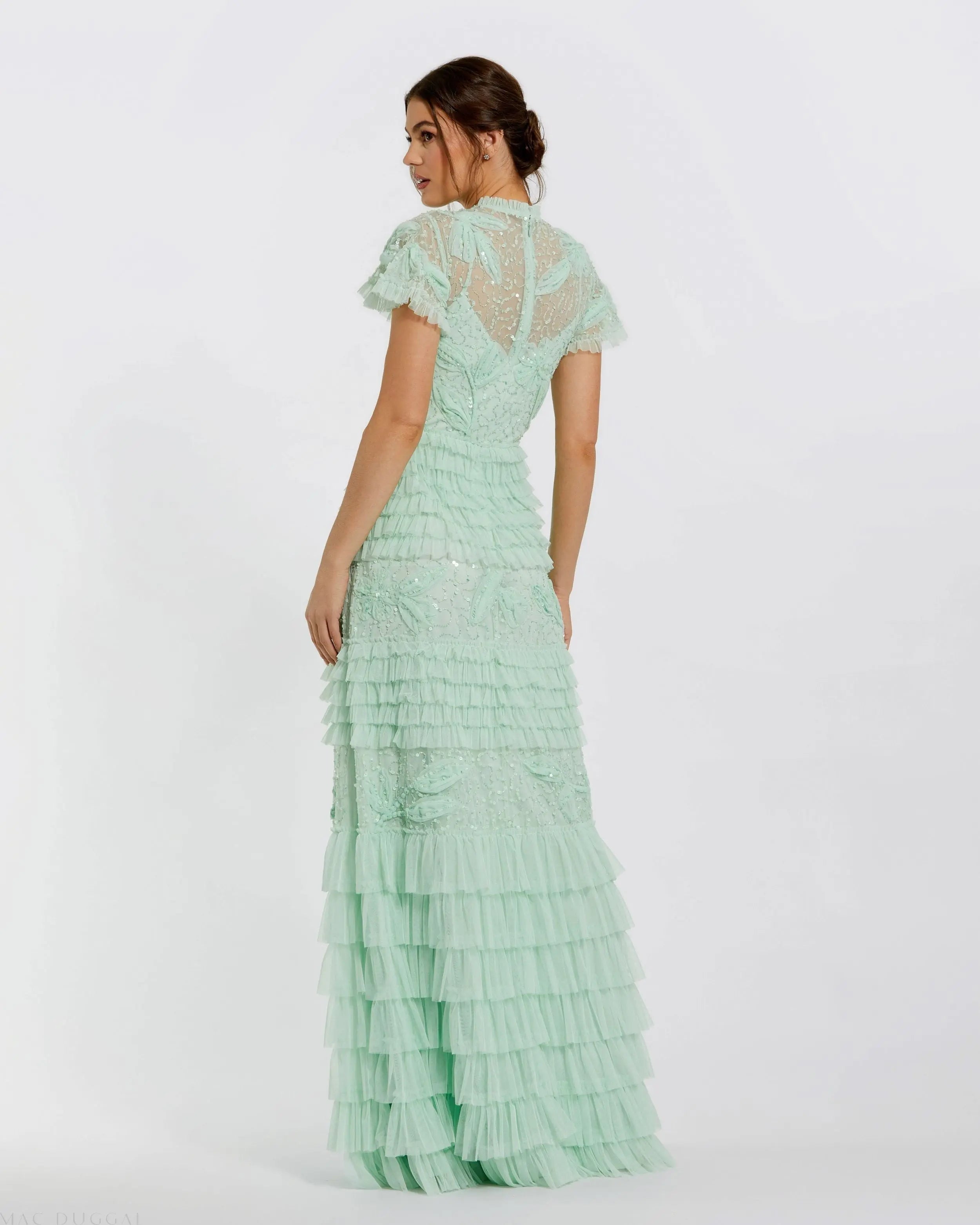 Green Beaded Mesh High Neck Micro Ruffle Gown Mac Duggal