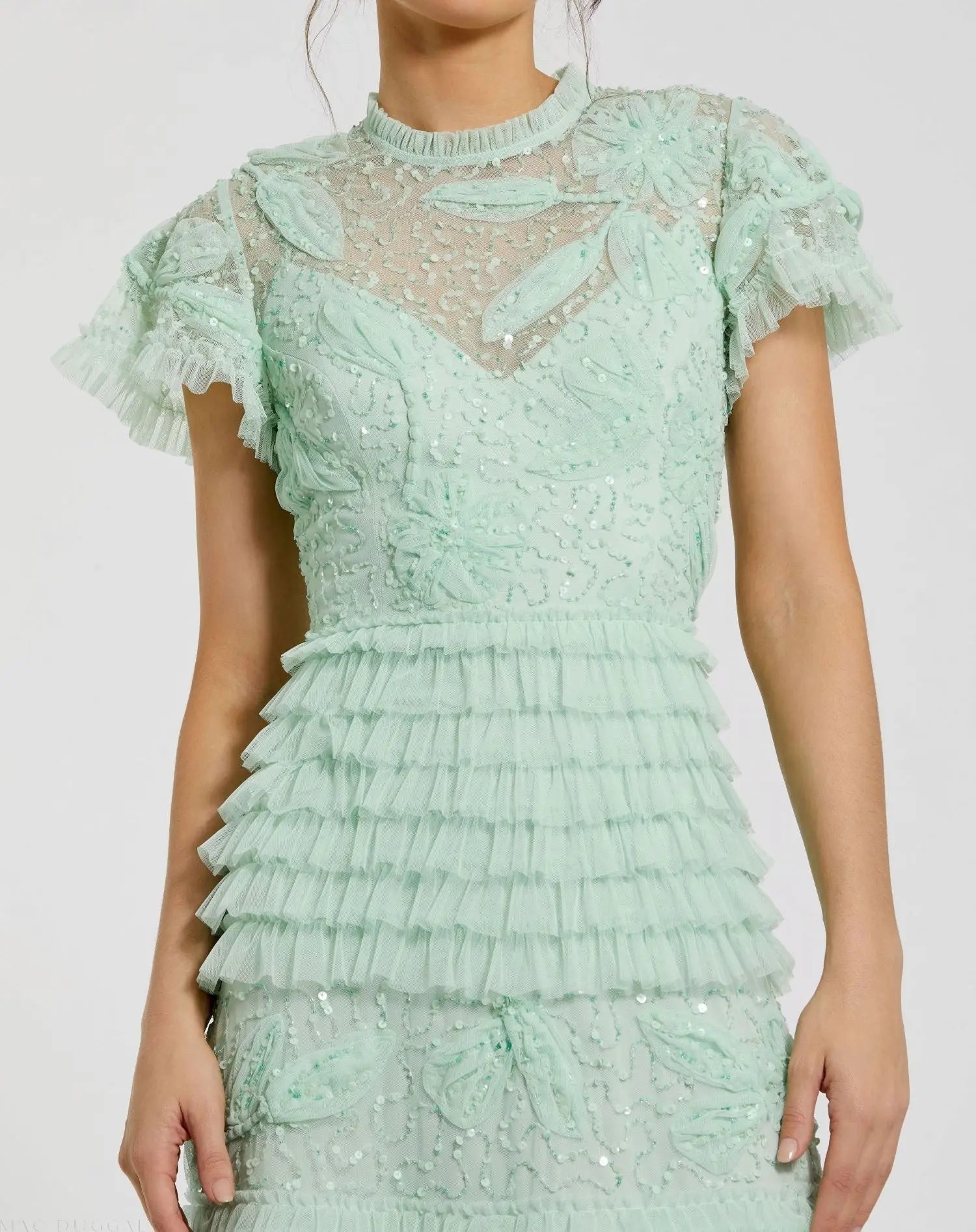 mac duggal green ruffle dress Green Ruffle Tiered Chiffon Floral Dress