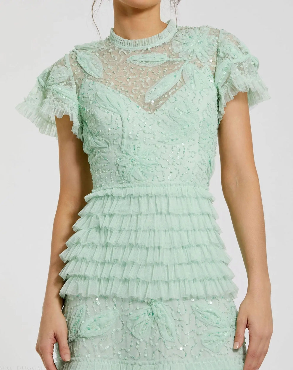 Pixel Ruffles Green Beaded Mesh High Neck Micro Ruffle Gown - Mac Duggal
