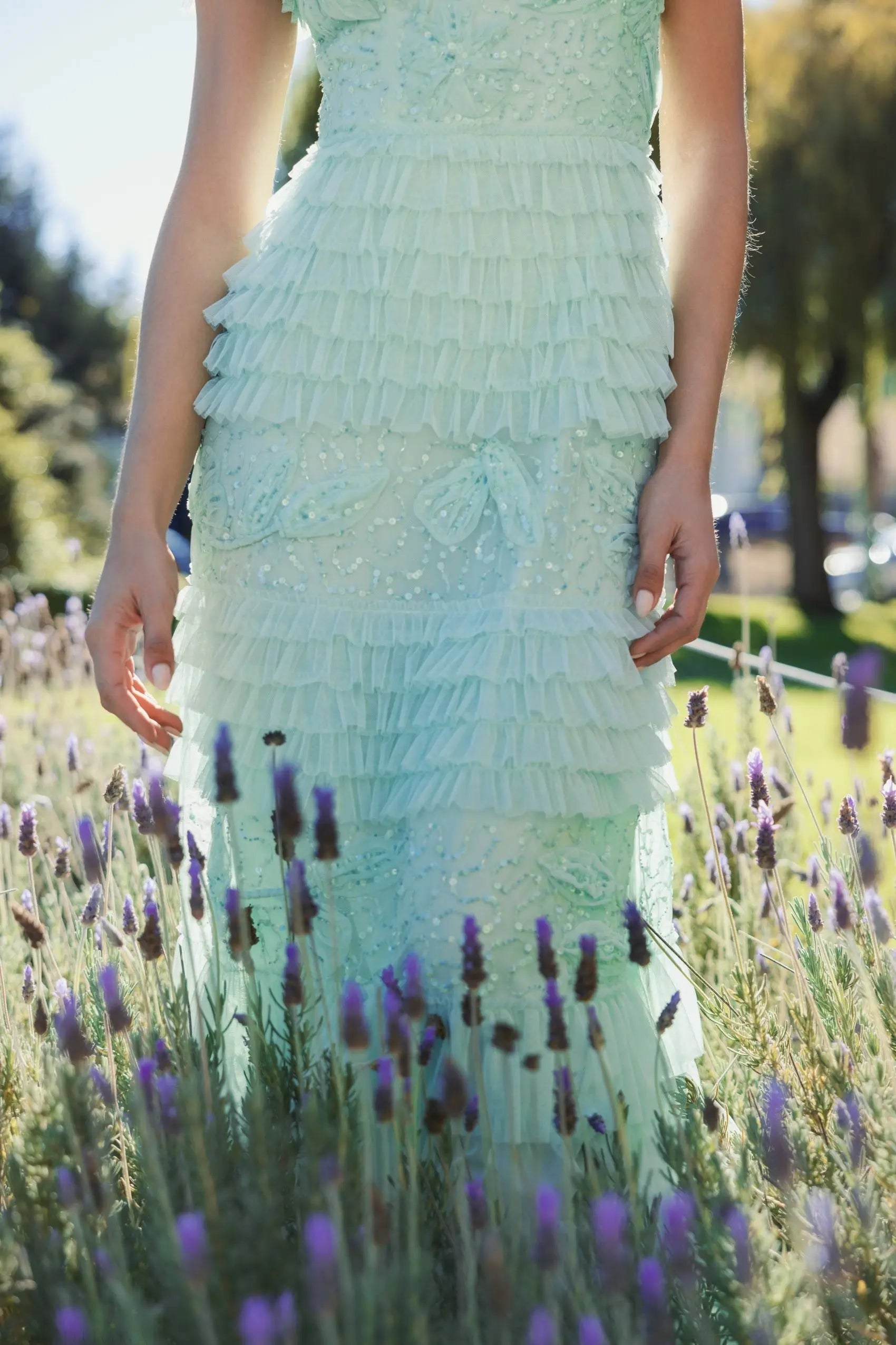 Green Beaded Mesh High Neck Micro Ruffle Gown - Mac Duggal