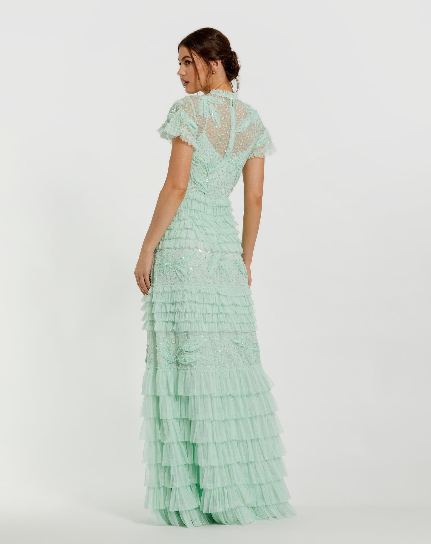 Beaded Mesh High Neck Micro Ruffle Gown