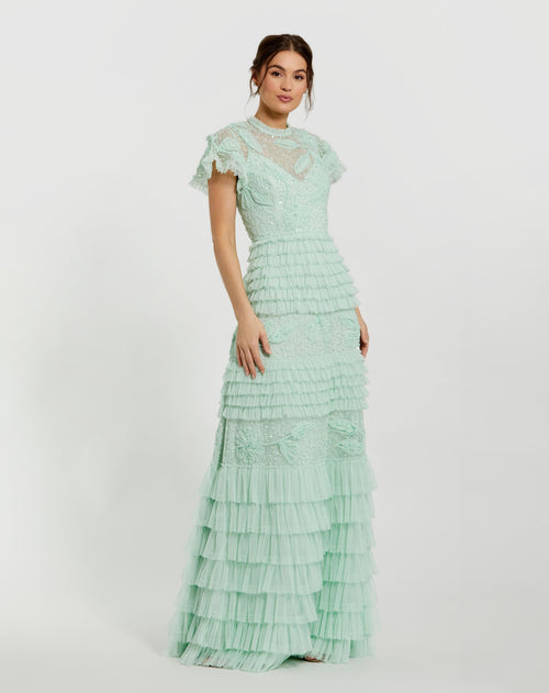 Beaded Mesh High Neck Micro Ruffle Gown