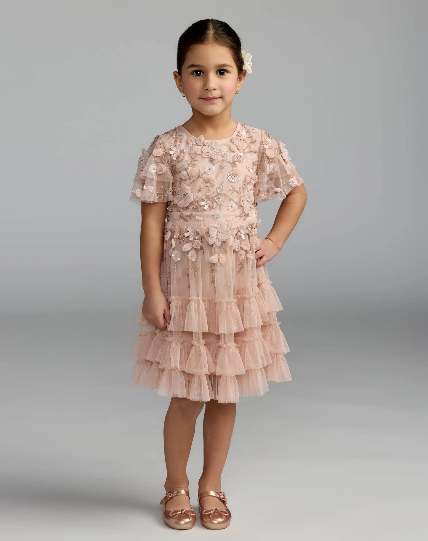 Girls Pink Embellished Flutter Sleeve Ruffle Gown Mac Duggal