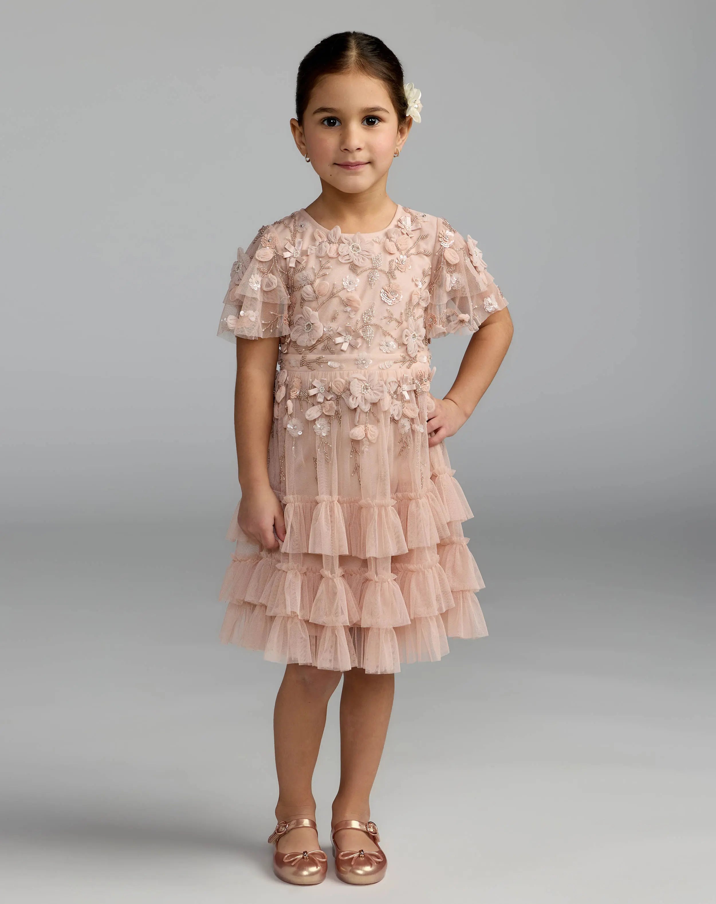 Girls Pink Embellished Flutter Sleeve Ruffle Gown Mac Duggal