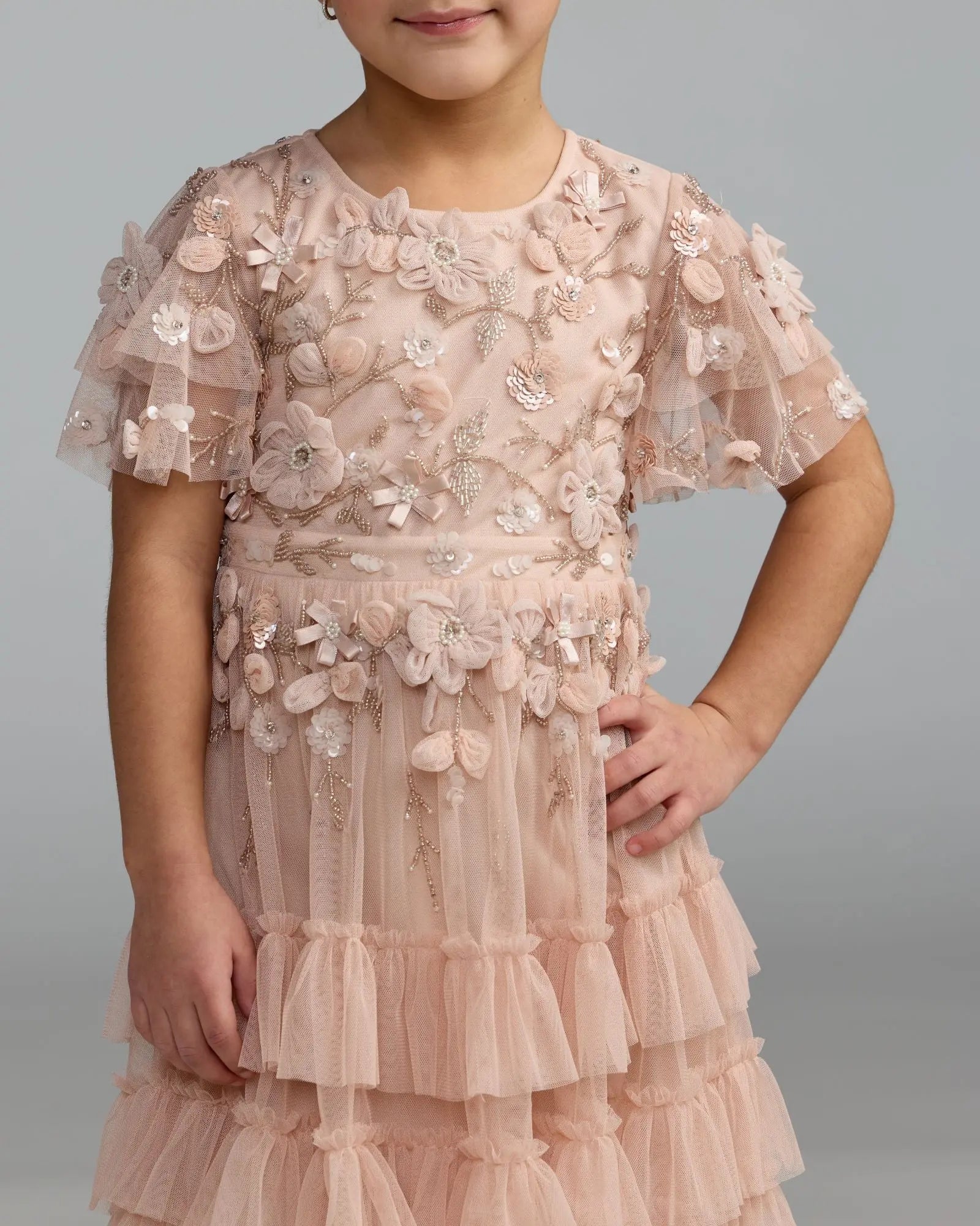Girls Pink Embellished Flutter Sleeve Ruffle Gown Mac Duggal