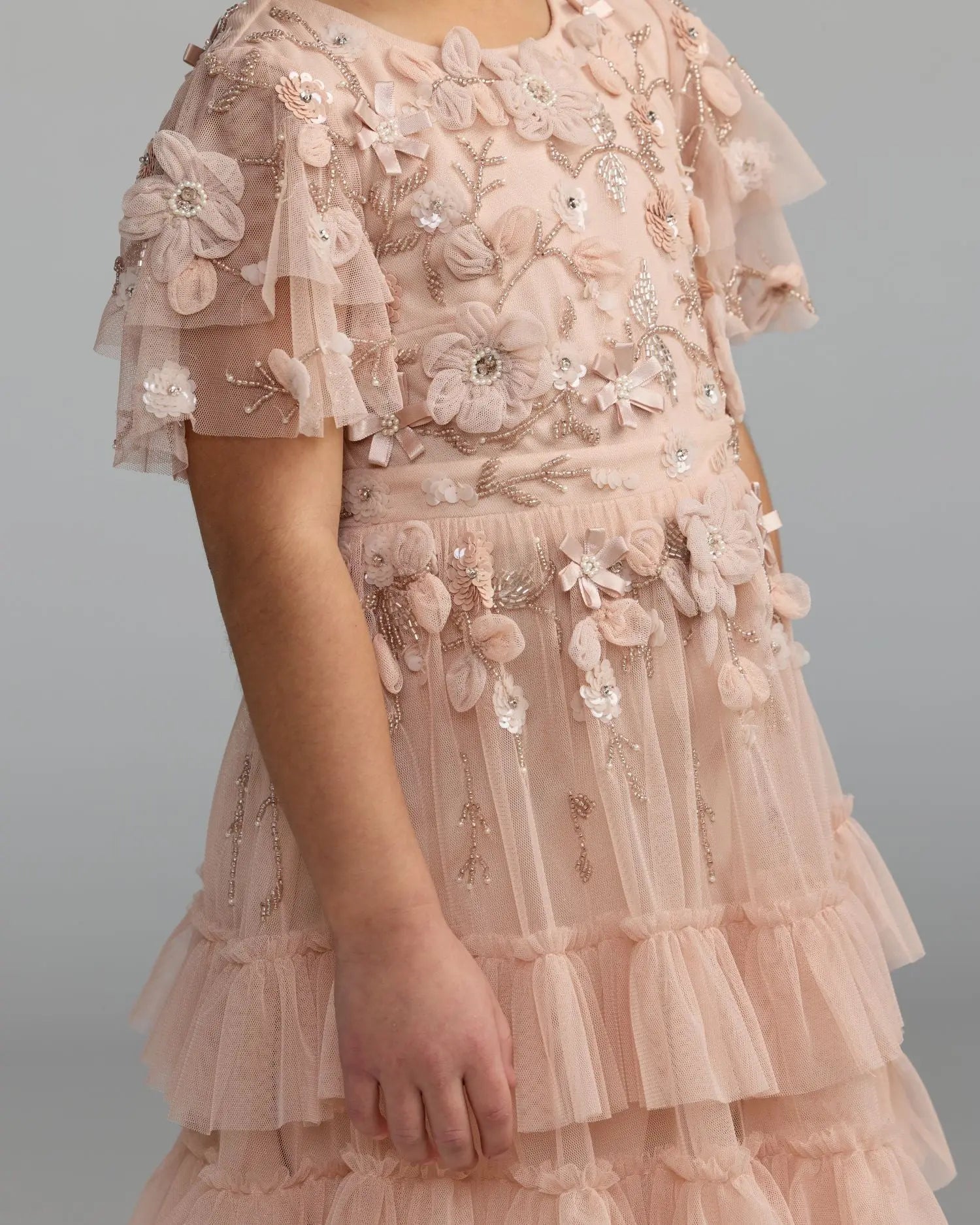 Girls Pink Embellished Flutter Sleeve Ruffle Gown Mac Duggal
