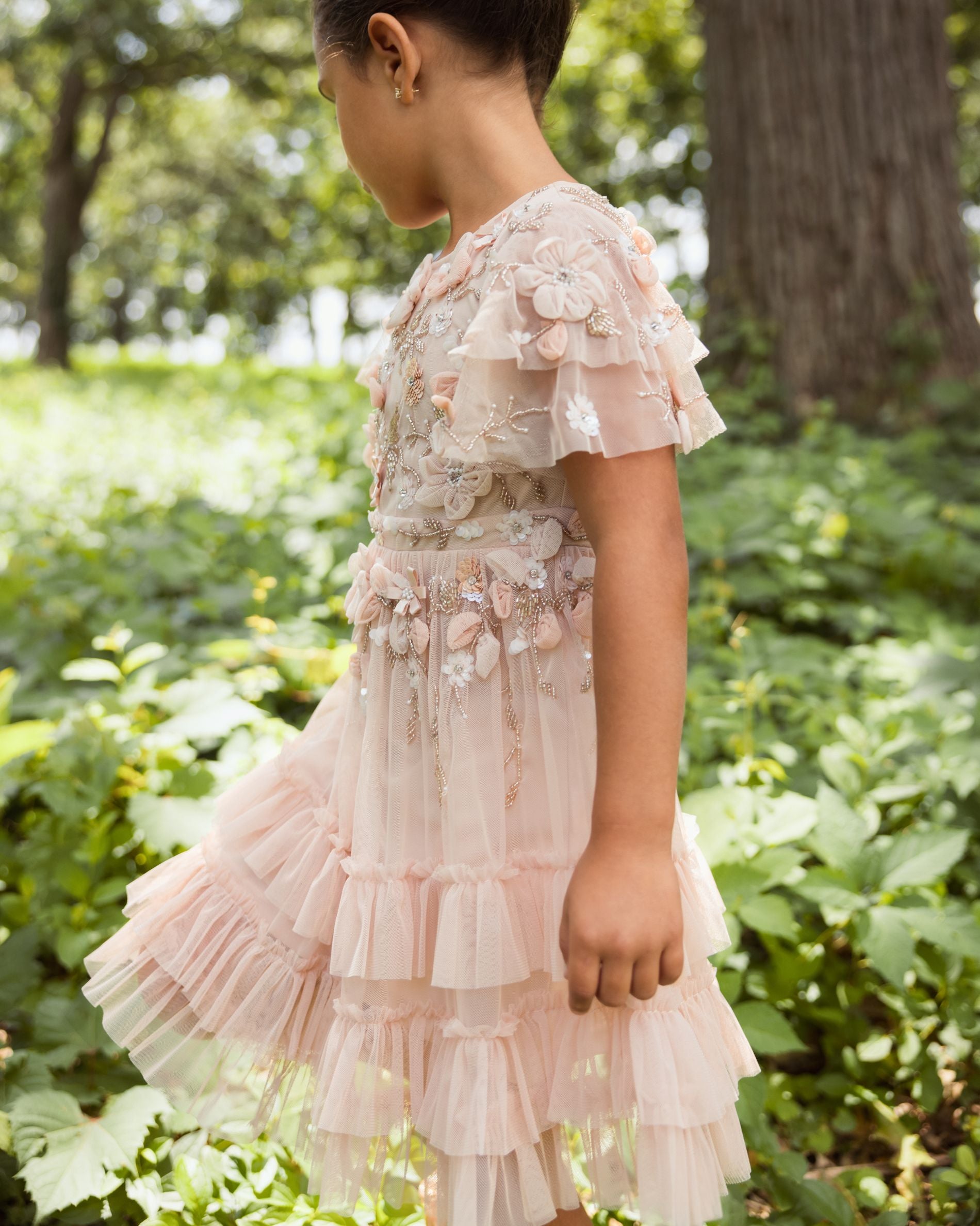 Girls Pink Embellished Flutter Sleeve Ruffle Gown Mac Duggal