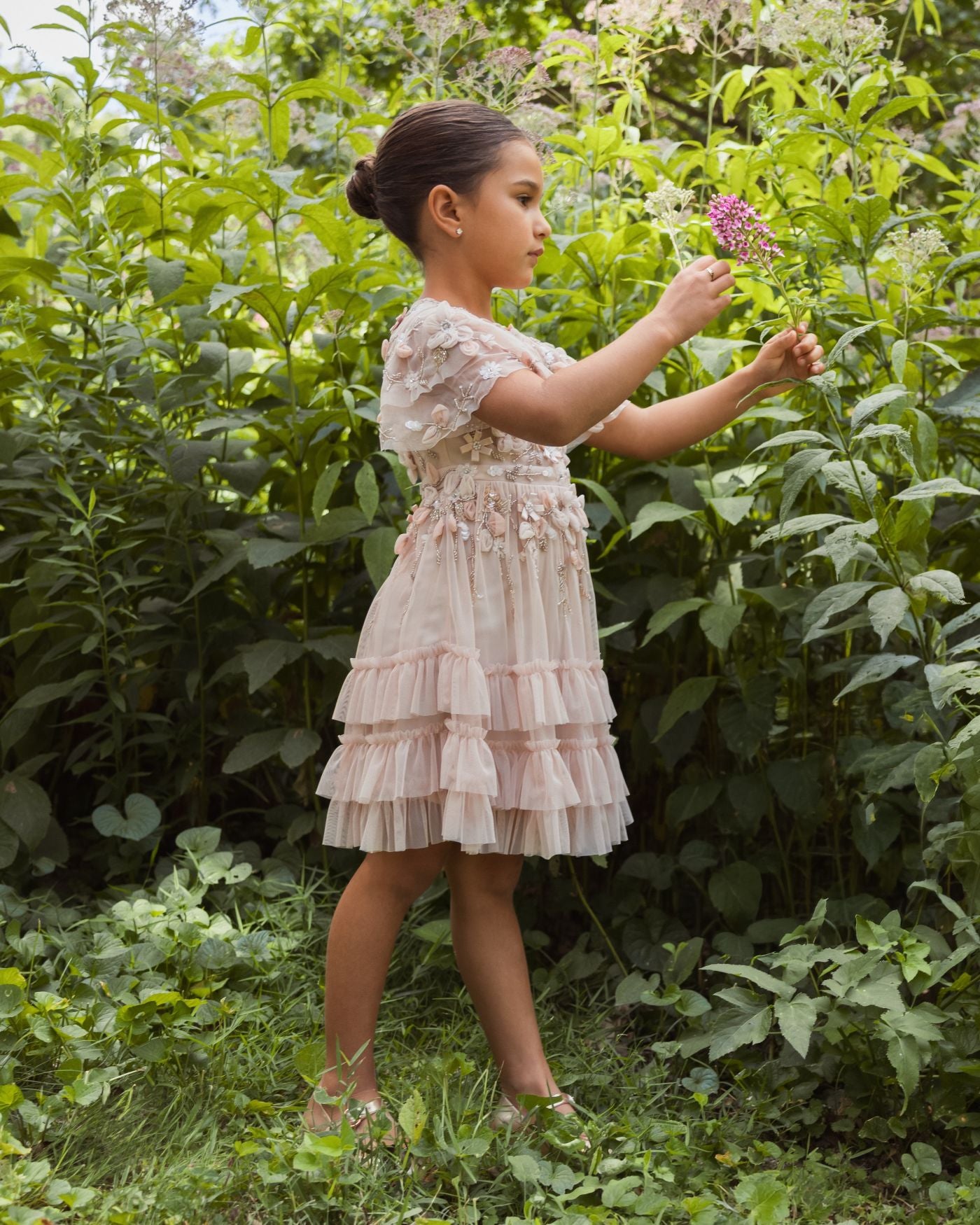 Girls Pink Embellished Flutter Sleeve Ruffle Gown Mac Duggal