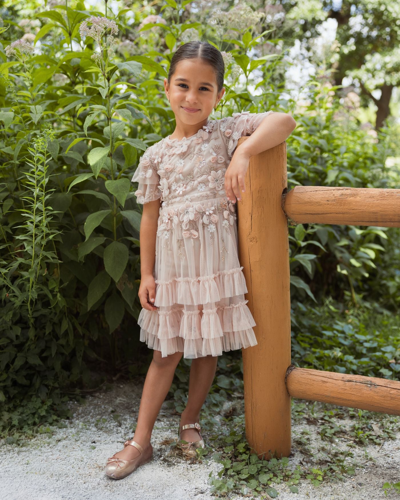 Girls Pink Embellished Flutter Sleeve Ruffle Gown Mac Duggal