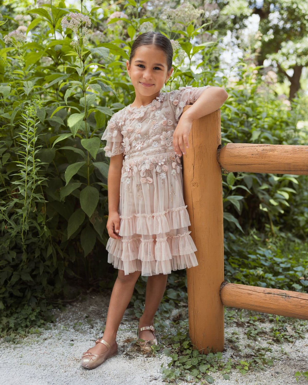 Girls Pink Embellished Flutter Sleeve Ruffle Gown Mac Duggal