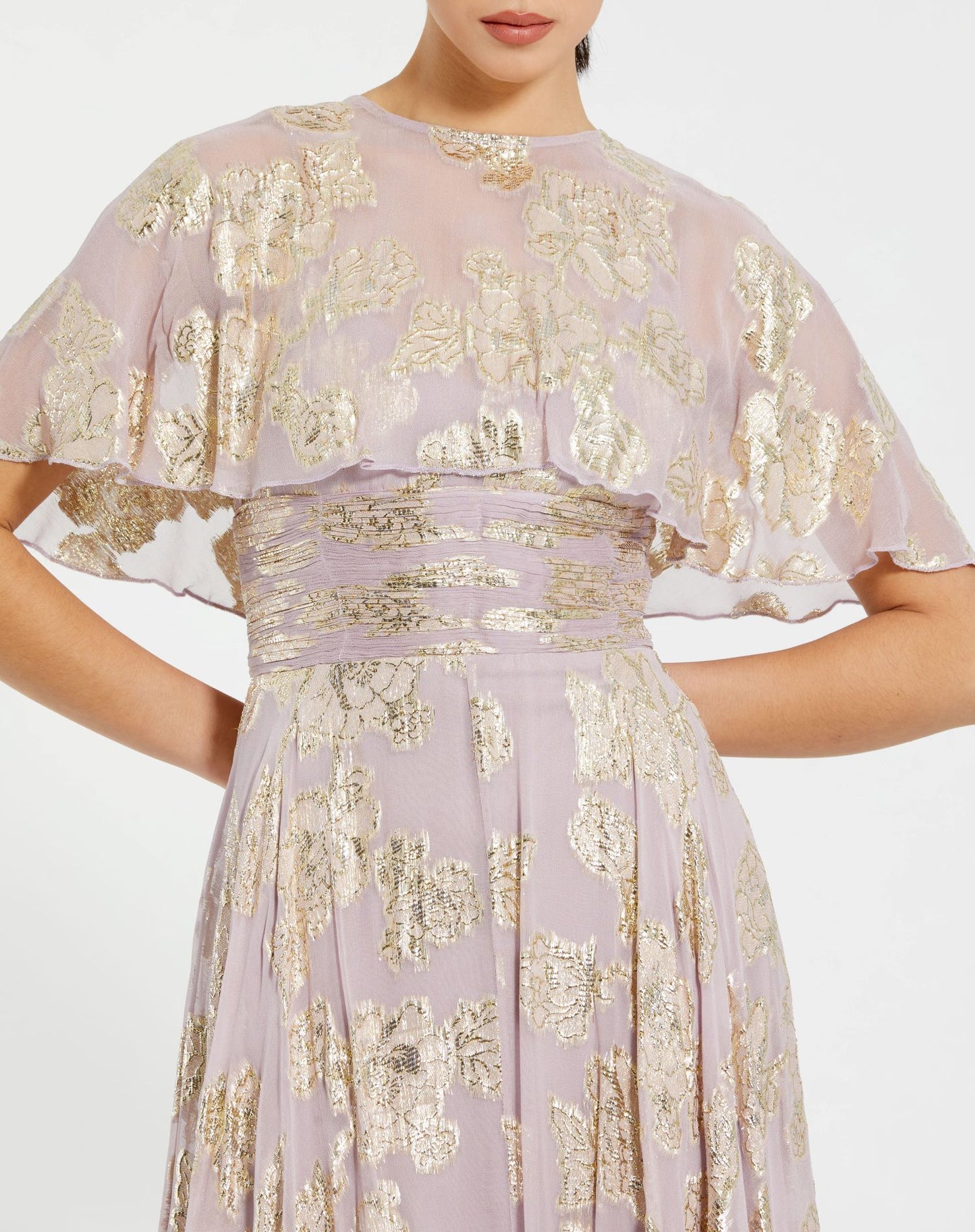 Floral Print High Neck Cape Sleeve A Line Gown