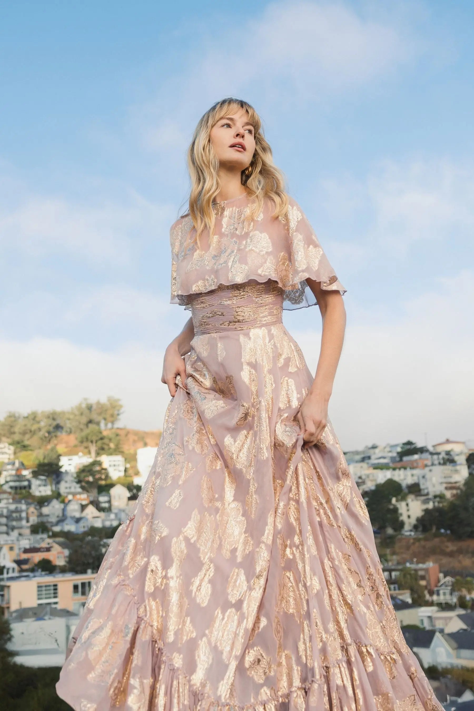 Purple Cape Sleeve A Line Floral Chiffon Gown - Mac Duggal