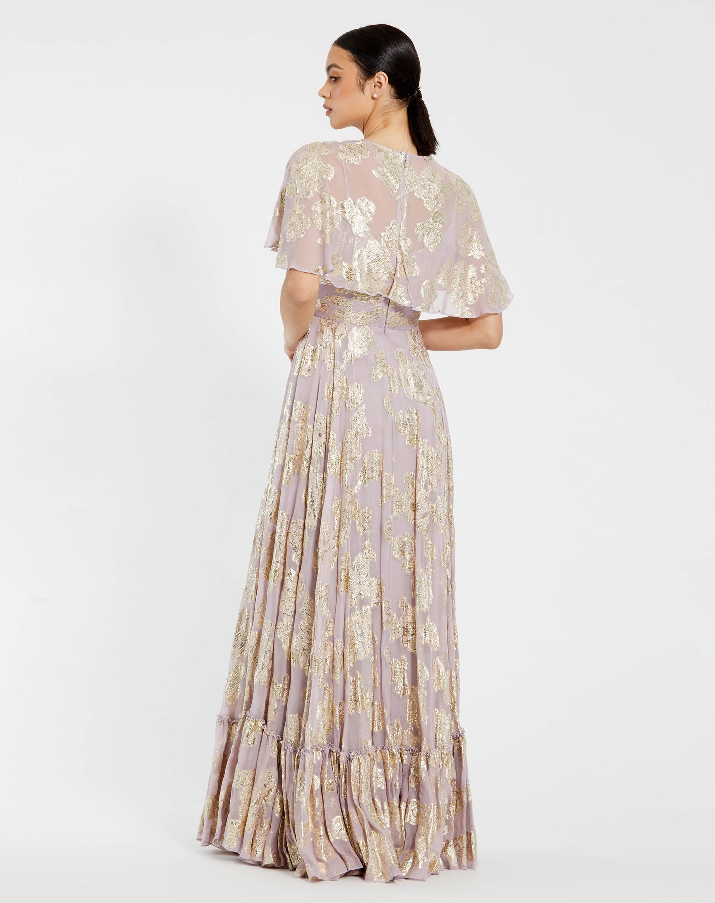 Floral Print High Neck Cape Sleeve A Line Gown