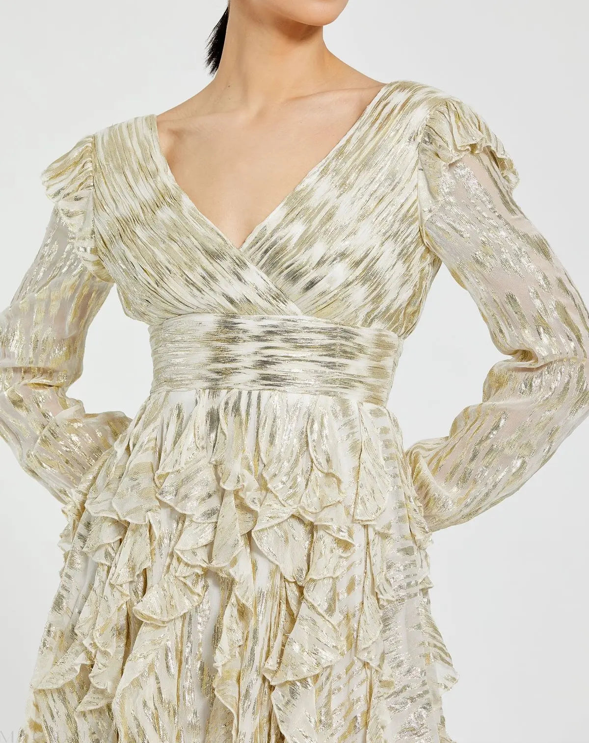 White and Gold Long Sleeve Ruched Ruffle Mini Dress - Ieena for Mac Duggal