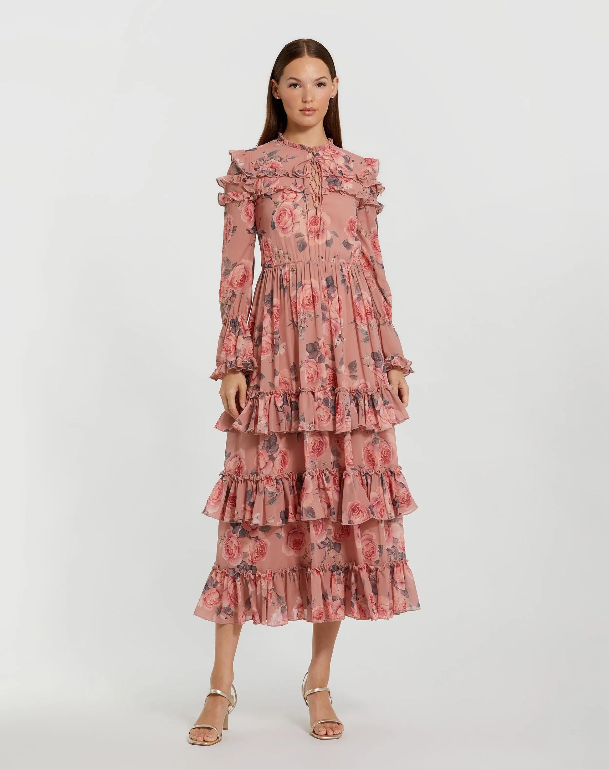 Pink Long Sleeve Lace Up Front Tiered Ruffle Dress | Mac Duggal Pink Long Sleeve Lace Up Front Tiered Ruffle Dress | Mac Duggal