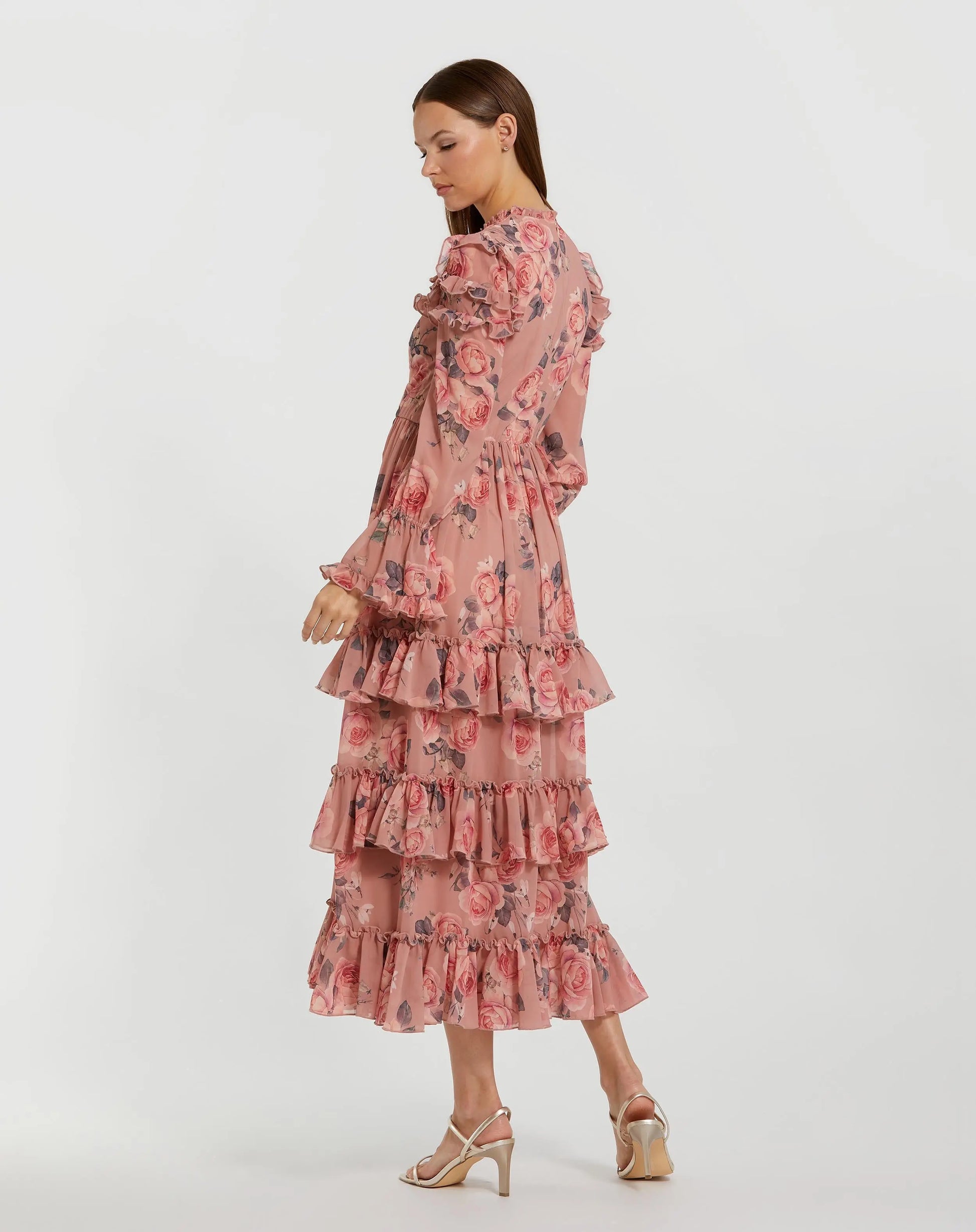 Pink Long Sleeve Lace Up Front Tiered Ruffle Dress | Mac Duggal Pink Long Sleeve Lace Up Front Tiered Ruffle Dress | Mac Duggal
