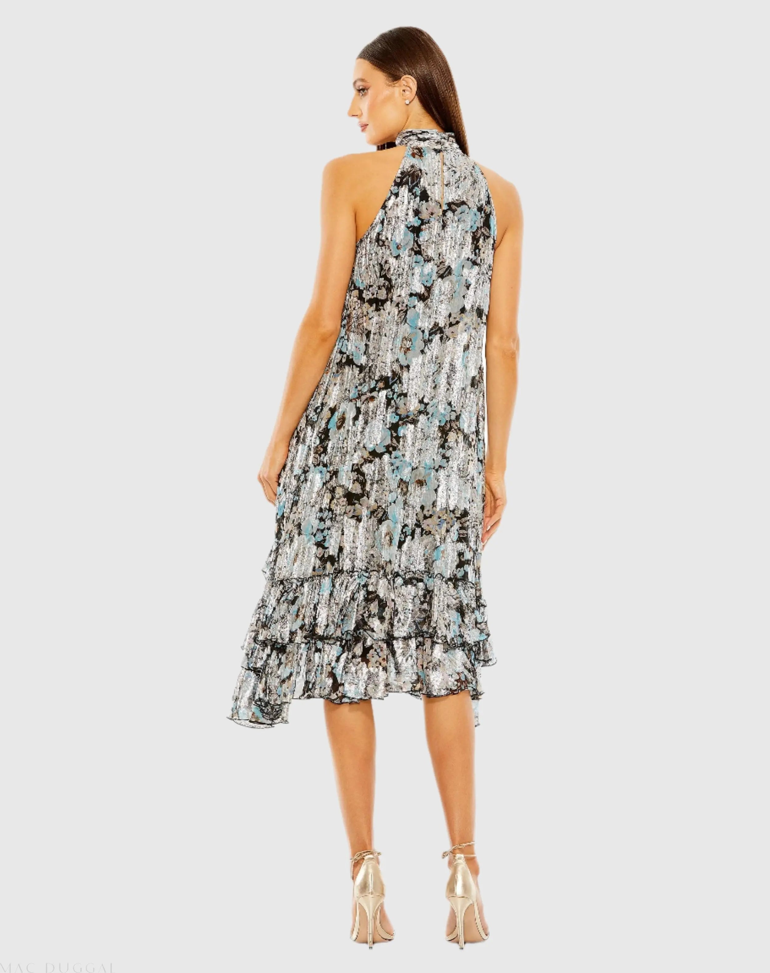 Black Multicolor High Neck Keyhole A-Line Floral Ruffle Mini Dress - Ieena for Mac Duggal