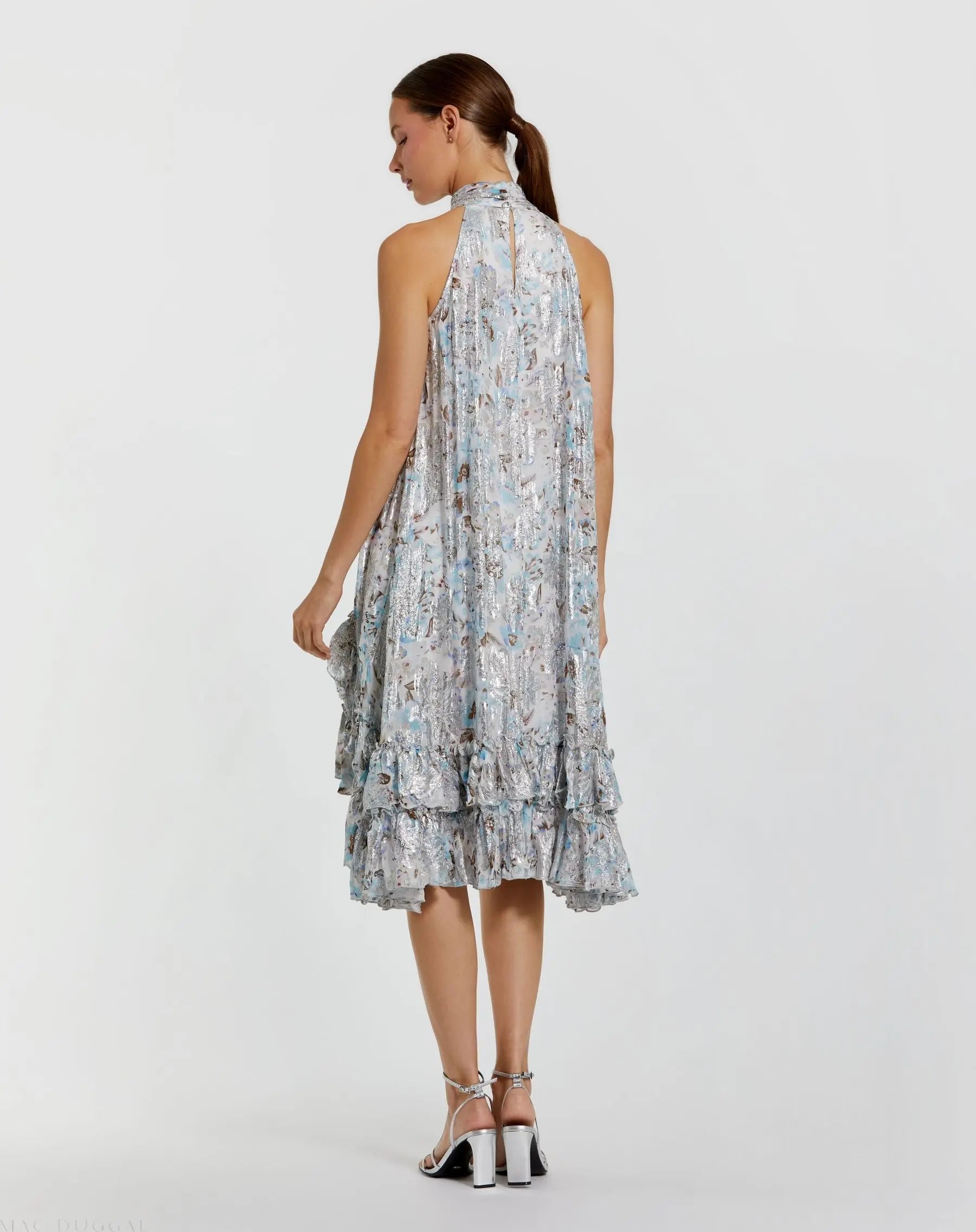 Multicolor Floral High Neck Keyhole Ruffle Mini Dress - Ieena for Mac Duggal