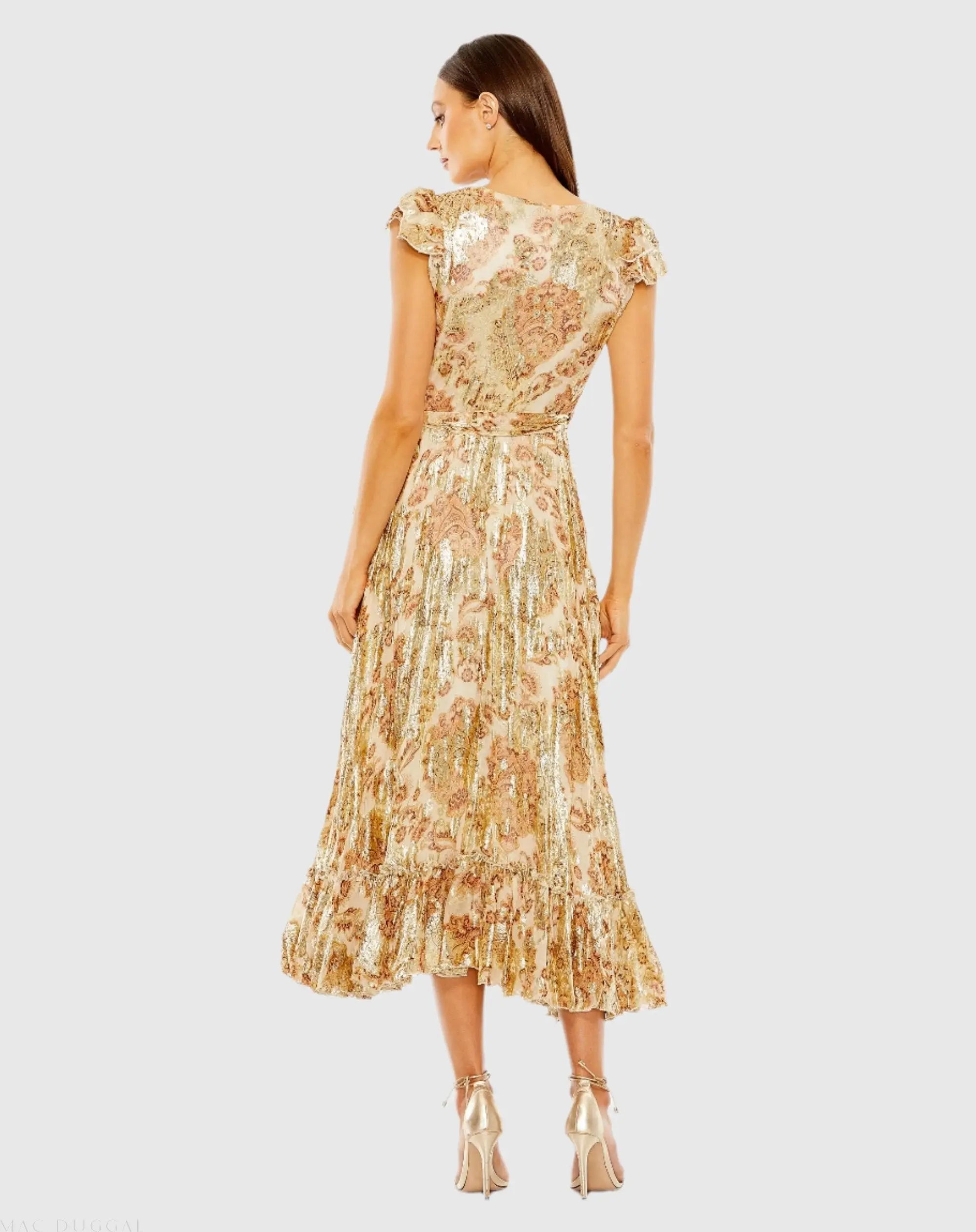Beige Flutter Sleeve Floral Dress with Wrap Detail - Ieena for Mac Duggal