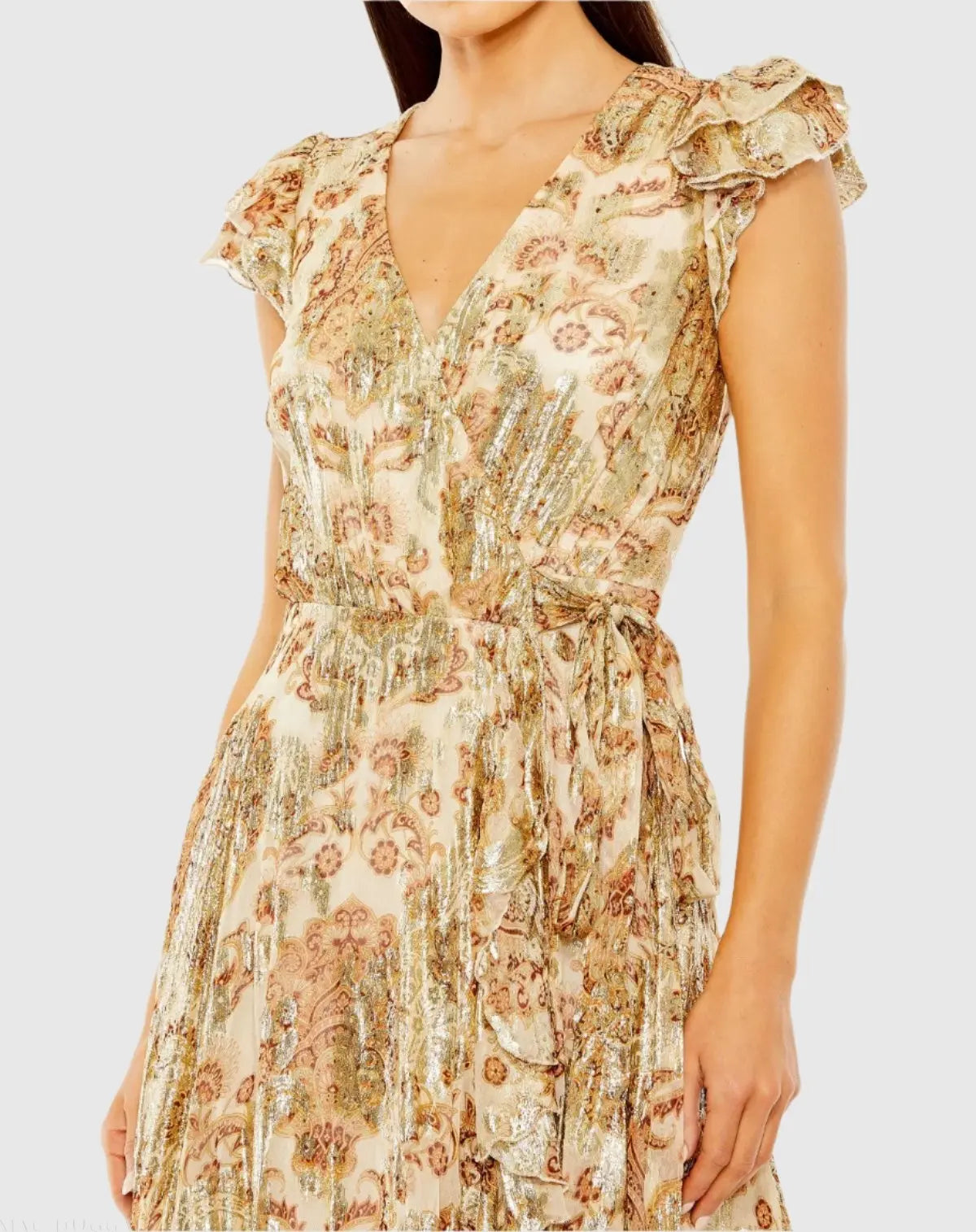 Beige Flutter Sleeve Floral Dress with Wrap Detail - Ieena for Mac Duggal