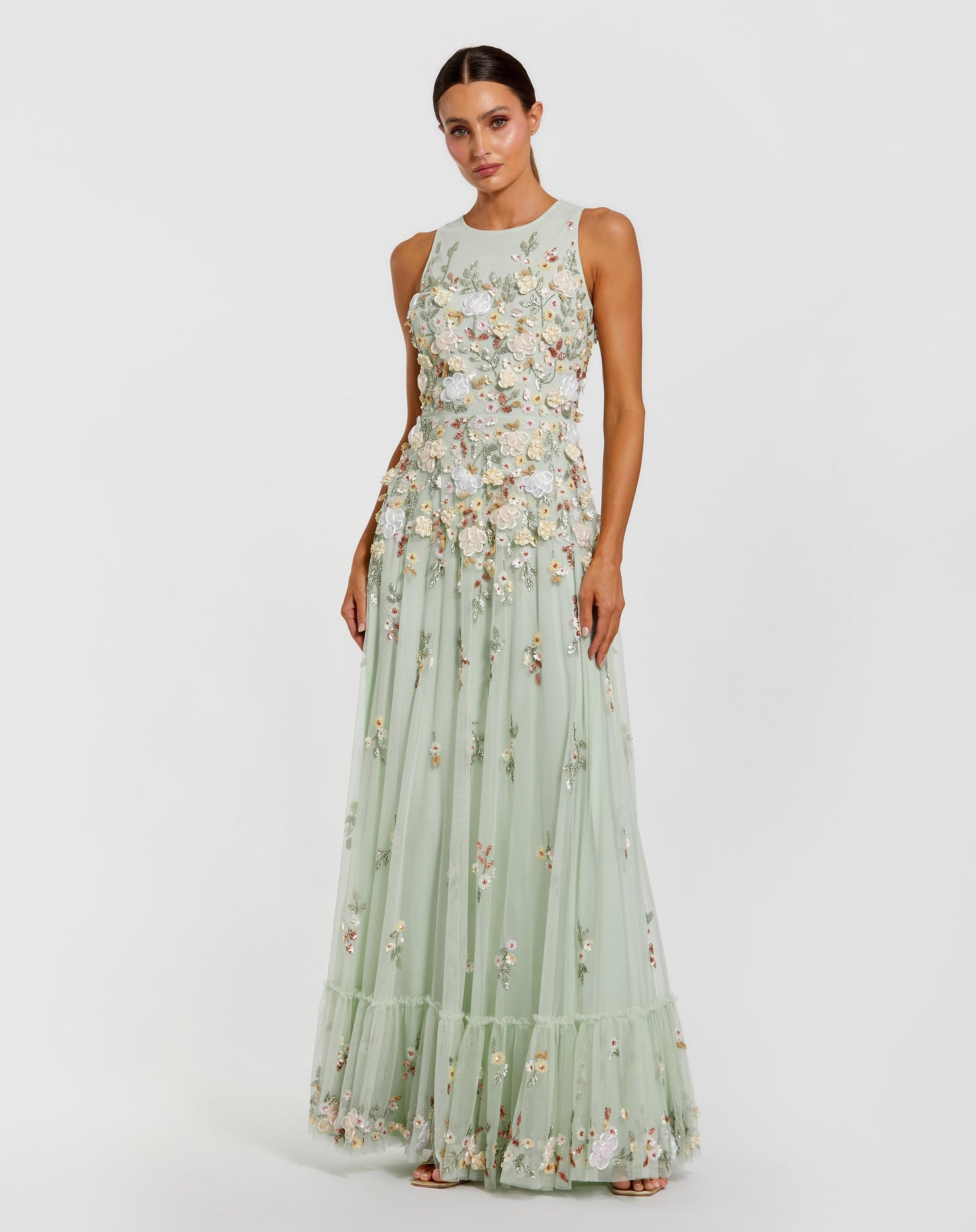 Green Floral Embellished High Neck Sleeveless Gown - Mac Duggal